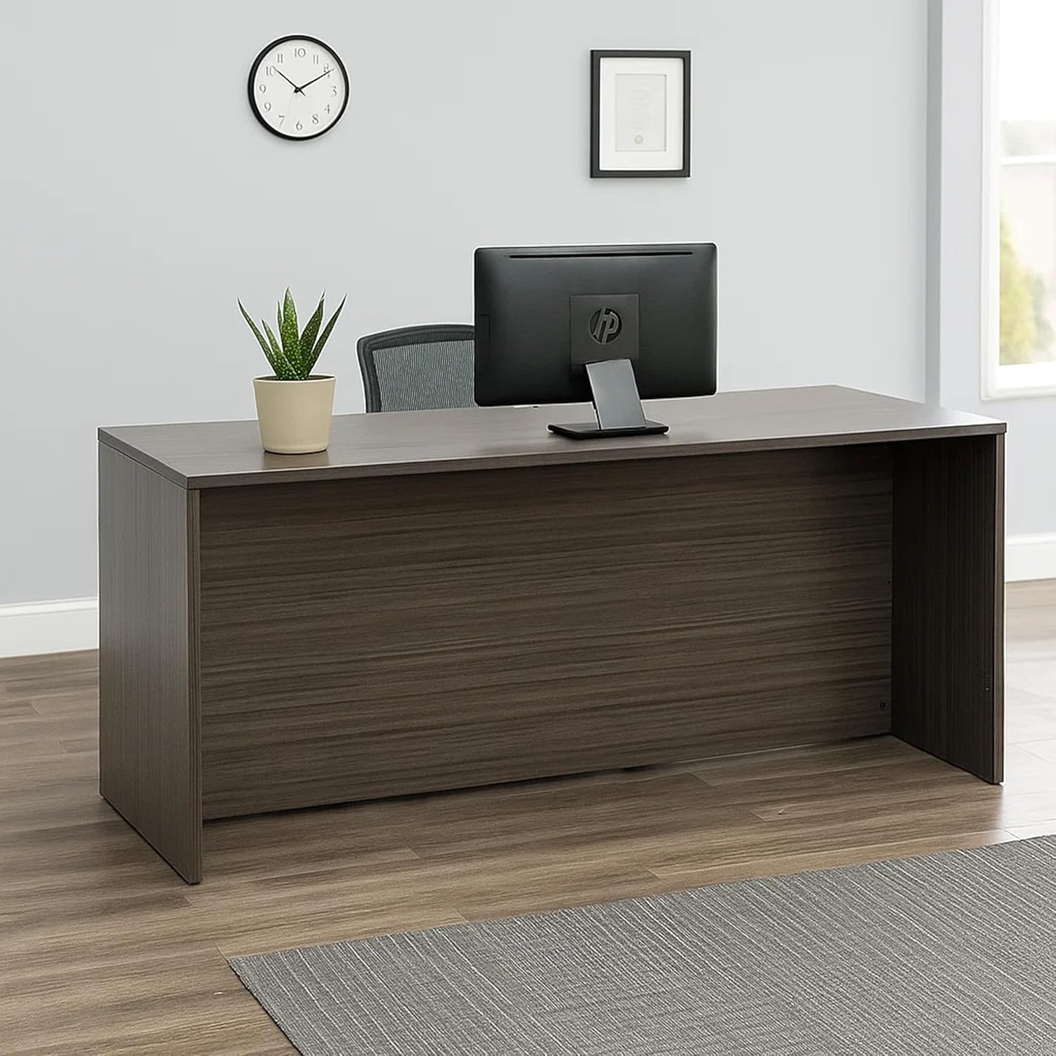 Benzara Jeny 71 Inch Office Credenza Shell with Modesty Panel, Driftwood Gray