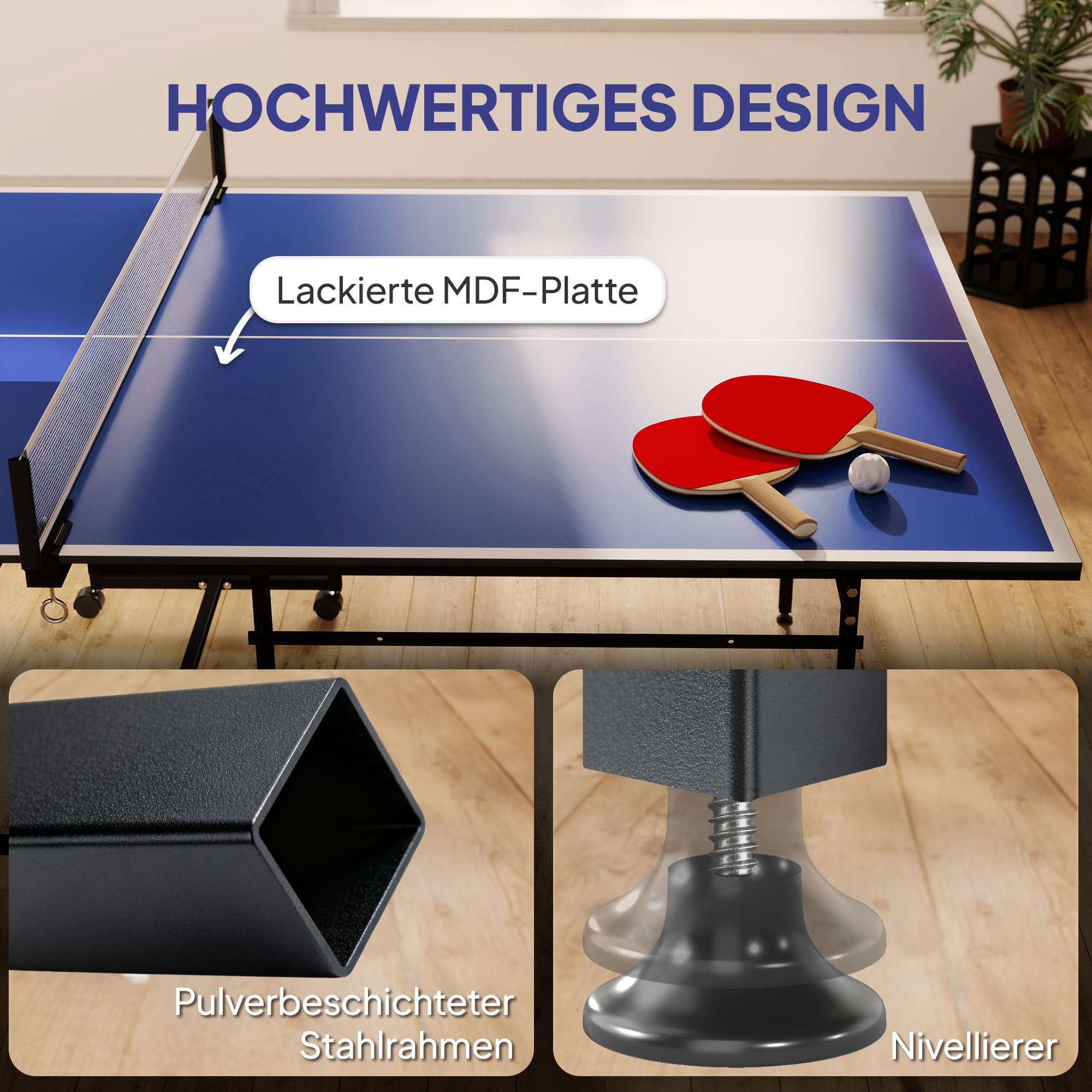 SPORTNOW Tischtennistisch mit Rollen, Klappbar Tischtennisspiel-Set, Tischtennisplatte mit 2 Tischtennisschlägern, 3 Bällen, StahlIndoor, 274 x 152,5 x 75,5 cm, Blau