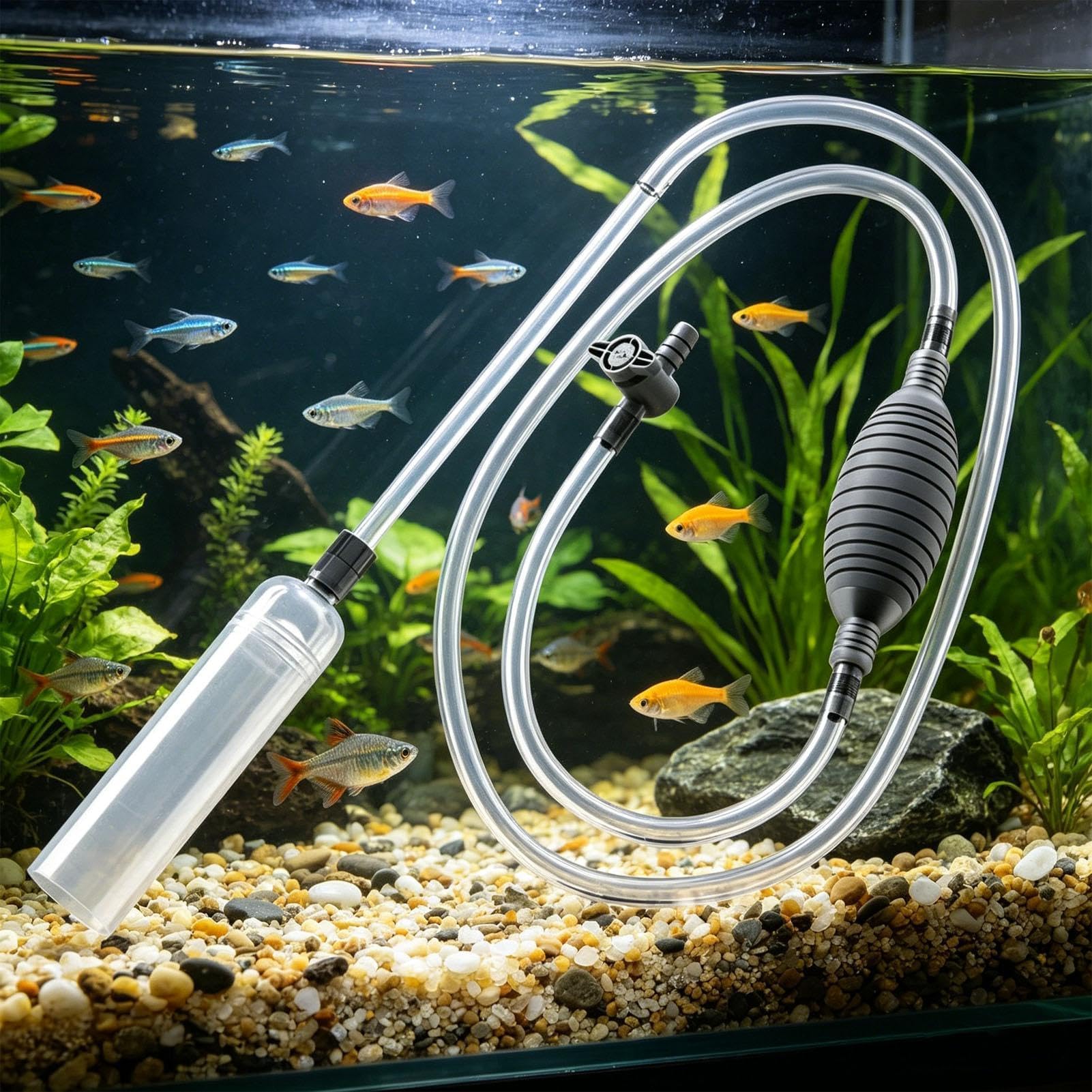 Cambiador de agua de sifón al vacío para peceras, herramienta de limpieza eficiente para betta, tanques de tortugas y acuarios, elimina algas, arena, sustrato, rocas, plantas y decoraciones de cuevas
