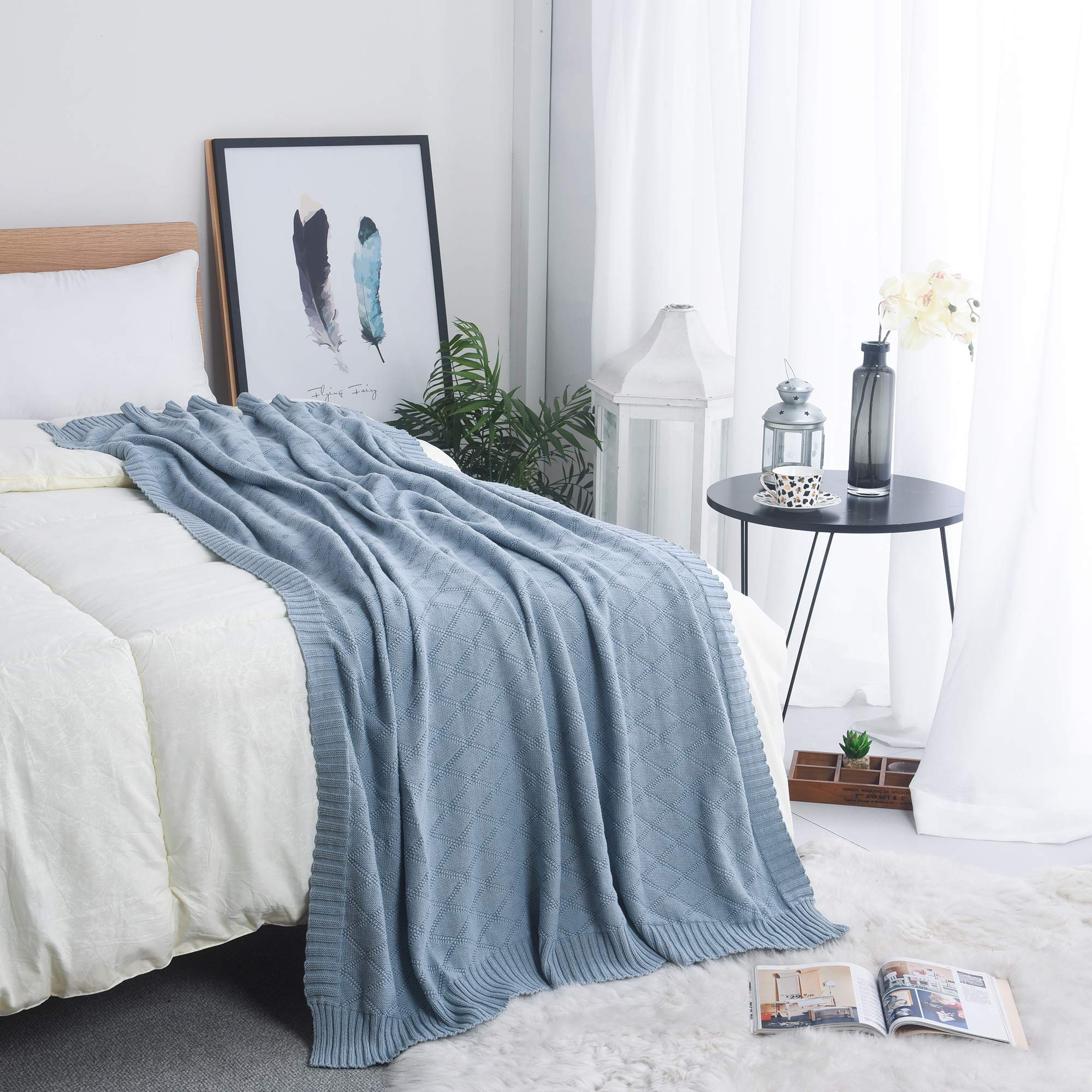 VanRolldexCable Knit Throw Blanket 100% Cotton Bed Throws Blanket for Couch Chairs, Home Decorative 51x70in JL-lX-BLANKET-PALE BLUE