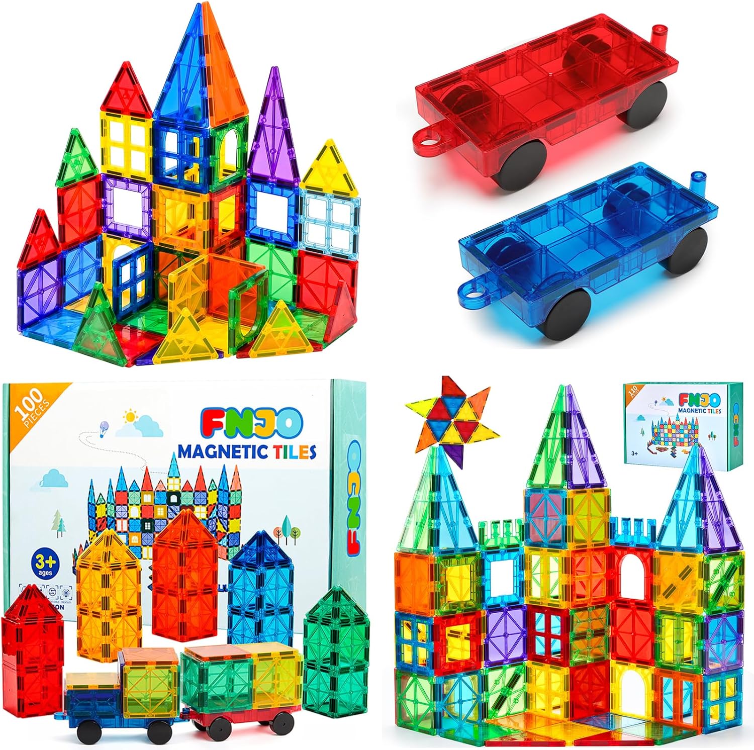 FNJO Magnetic Tiles 110PCS + 100PCS+64PCS+2 Cars