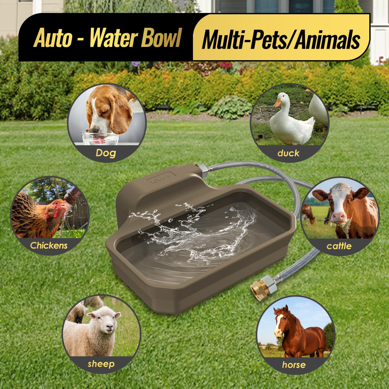FICUSWIN Dispensador automático de agua de 3,827.2 g para perros grandes, ajuste patentado, grifo macho GHT de 3/4 pulgadas, cuenco de agua para animales al aire libre que incluye válvula de agua,