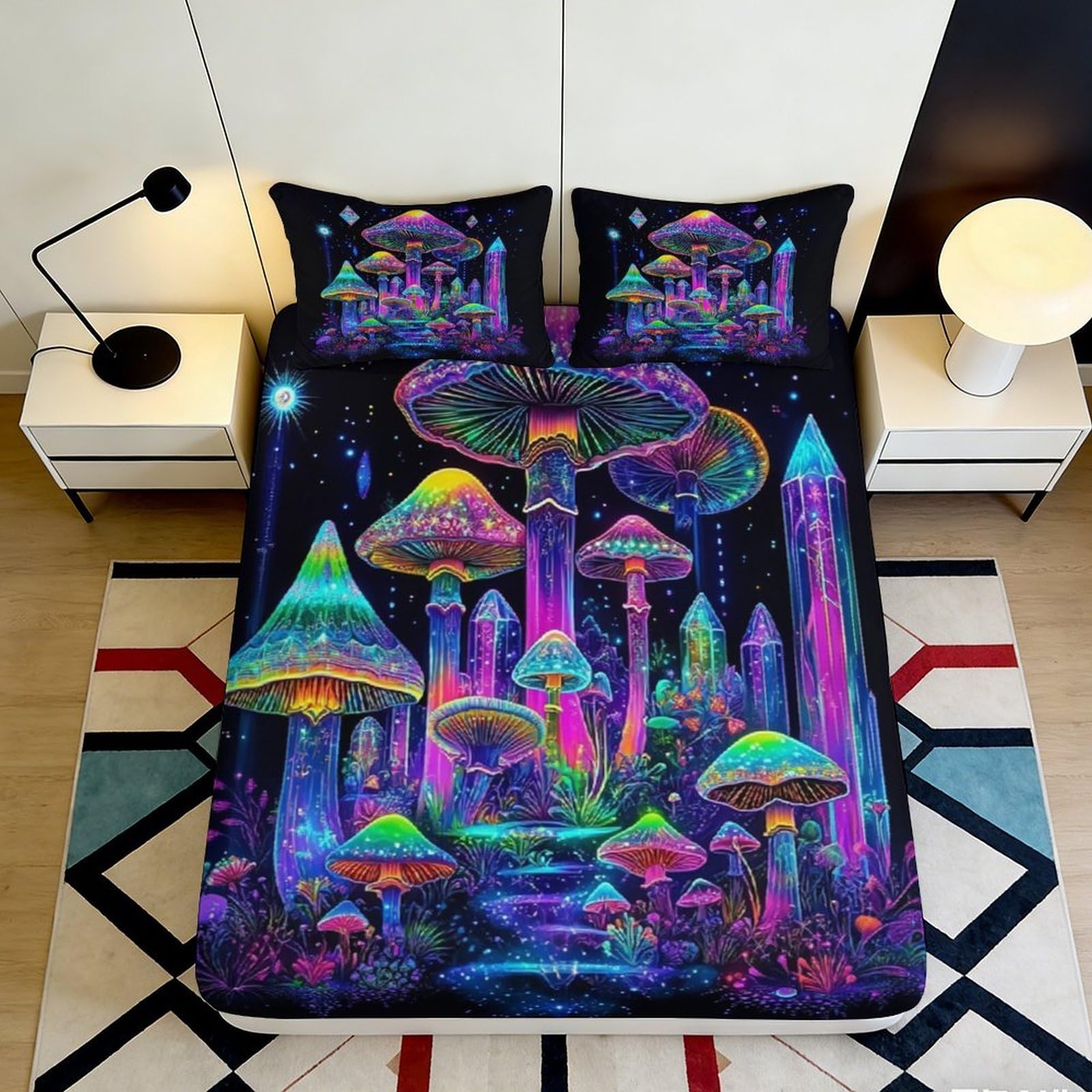 3D Printed Psychedelic Mushroom Fitted Sheet Microfiber Soft Colorful Fantasy Bed Cover for Bedroom Dorm Mattress Protection 90x200x25cm