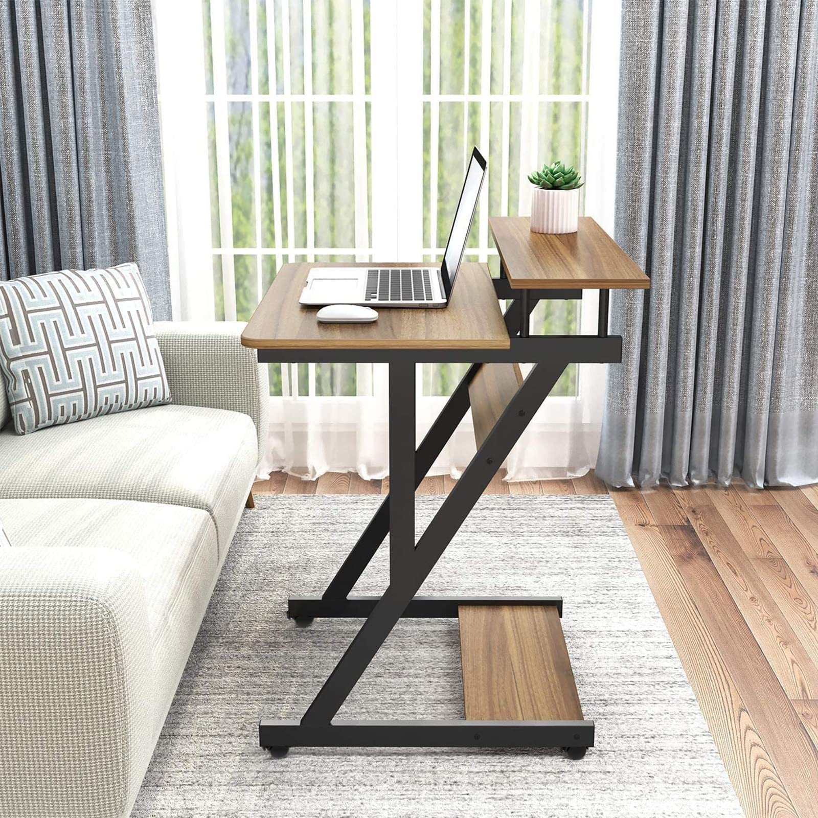 Dripex Scrivania per Computer con Ruote Scrivania 70x60x79 cm Tavolo Porta PC Salvaspazio Z-Tavolo Mobile per Laptop con Ripiani per Piccoli Spazi Home Office (Marrone)