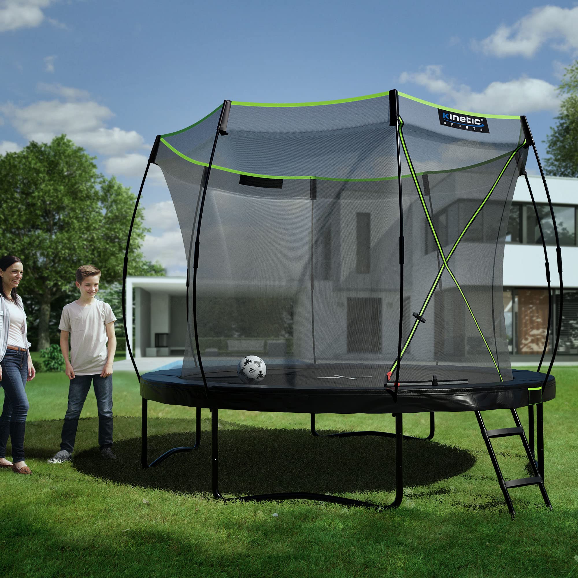 KINETIC SPORTS Trampolin Outdoor 'Ultimate Pro' Ø 244/305/366/427 cm – Kindertrampolin mit Leiter, Fieberglas-Netz, Gartentrampolin im Kürbis-Design, bis zu 160 kg, Schwarz