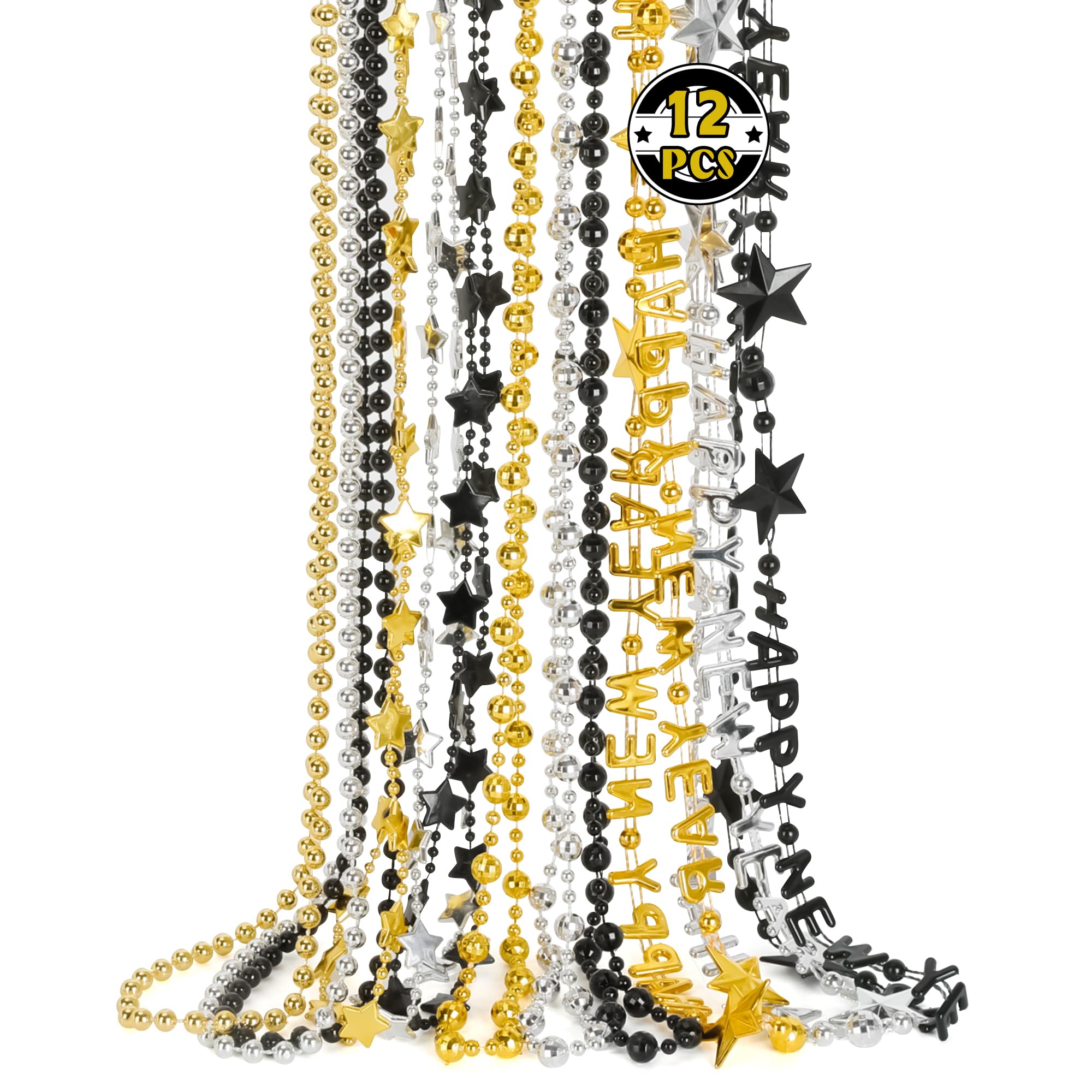 12PCS New Years Eve Necklace, Black Gold Silver HAPPY NEW YEAR Bead Necklaces, 12 Kind Necklace Party Supplies Accessories Bulk, New Years Eve Party Supplies 2026 Bead Necklace Decorations