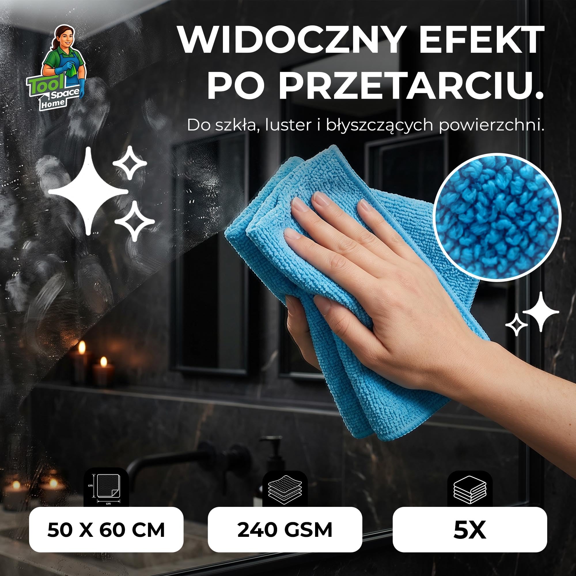 ToolSpace Ścierki z Mikrofibry 50x60cm 5 szt. Duże Ściereczki do Sprzątania Kuchni Łazienki Szyb Auta Mebli Chłonne Wielorazowe Miękkie Bez Smug Uniwersalne do Domu i Samochodu Mikrofibra Premium XL