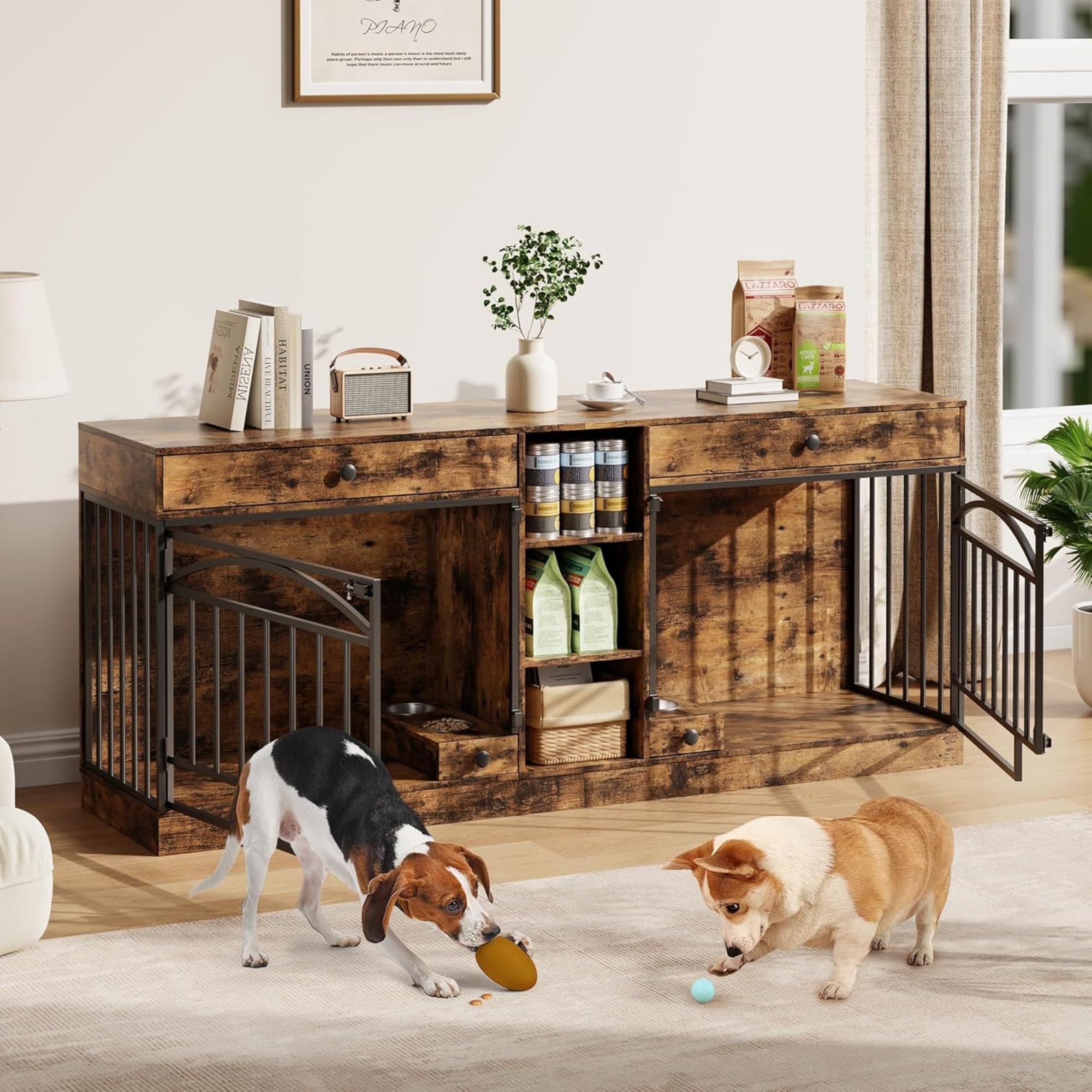 Photo 1 of ***MULTIPLE BOXES*** ***PICK UP WITH TRUCK** GAOMON Dog Crate Furniture for 2 Dogs, 78.7'' Large Dog Kennel Indoor with 2 Storage Drawers, 3 Shelves and Feeding Bowls, Double Dog Crate TV Stand for Small and Medium Dogs, Brown