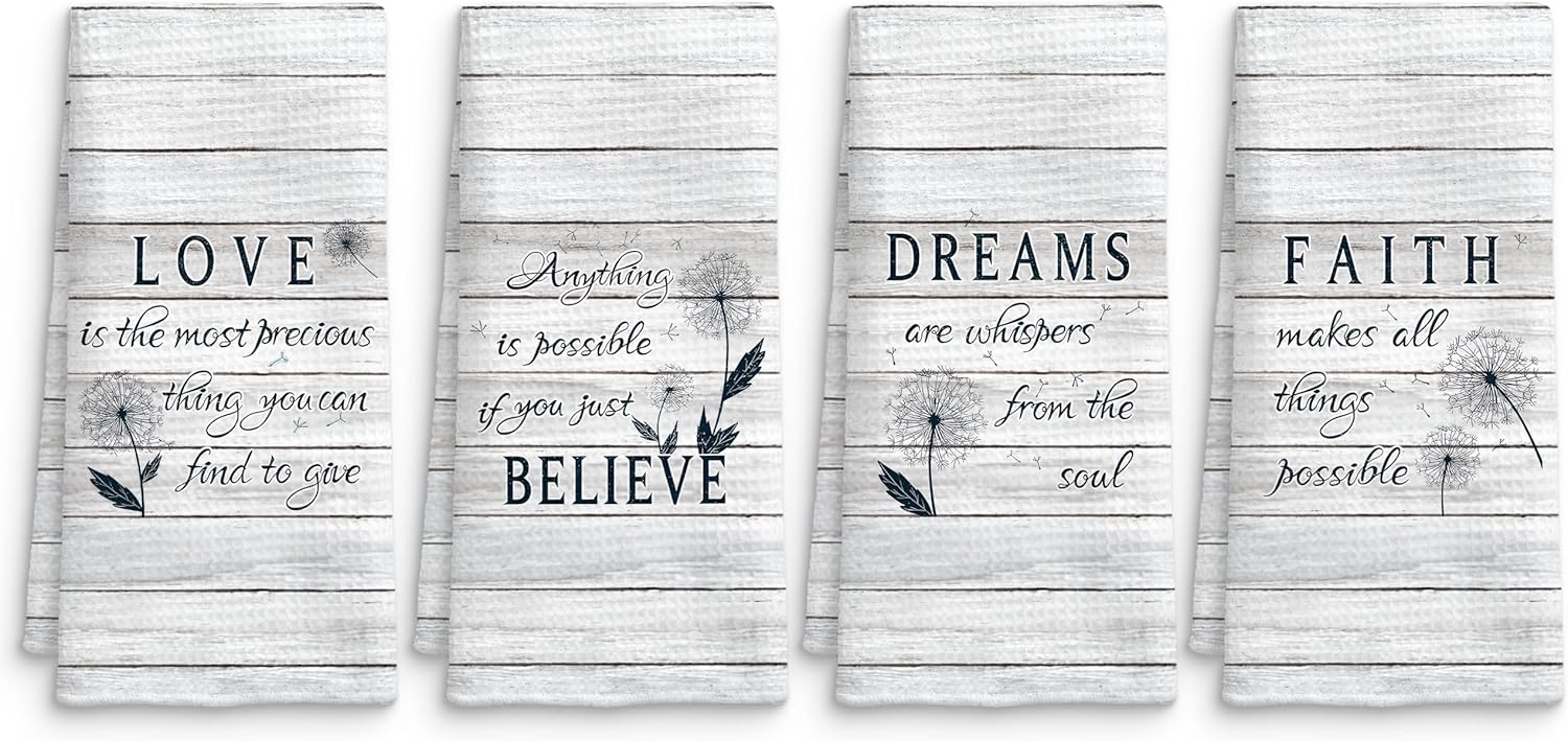 Inspirational Dandelion Kitchen Towels Set of 4, Motivational Quotes Dish Tea Towels, Rustic Believe Dreams Faith Love Decorative Hand Towels for Bathroom Kitchen, 16x24 Inches (Retro White)