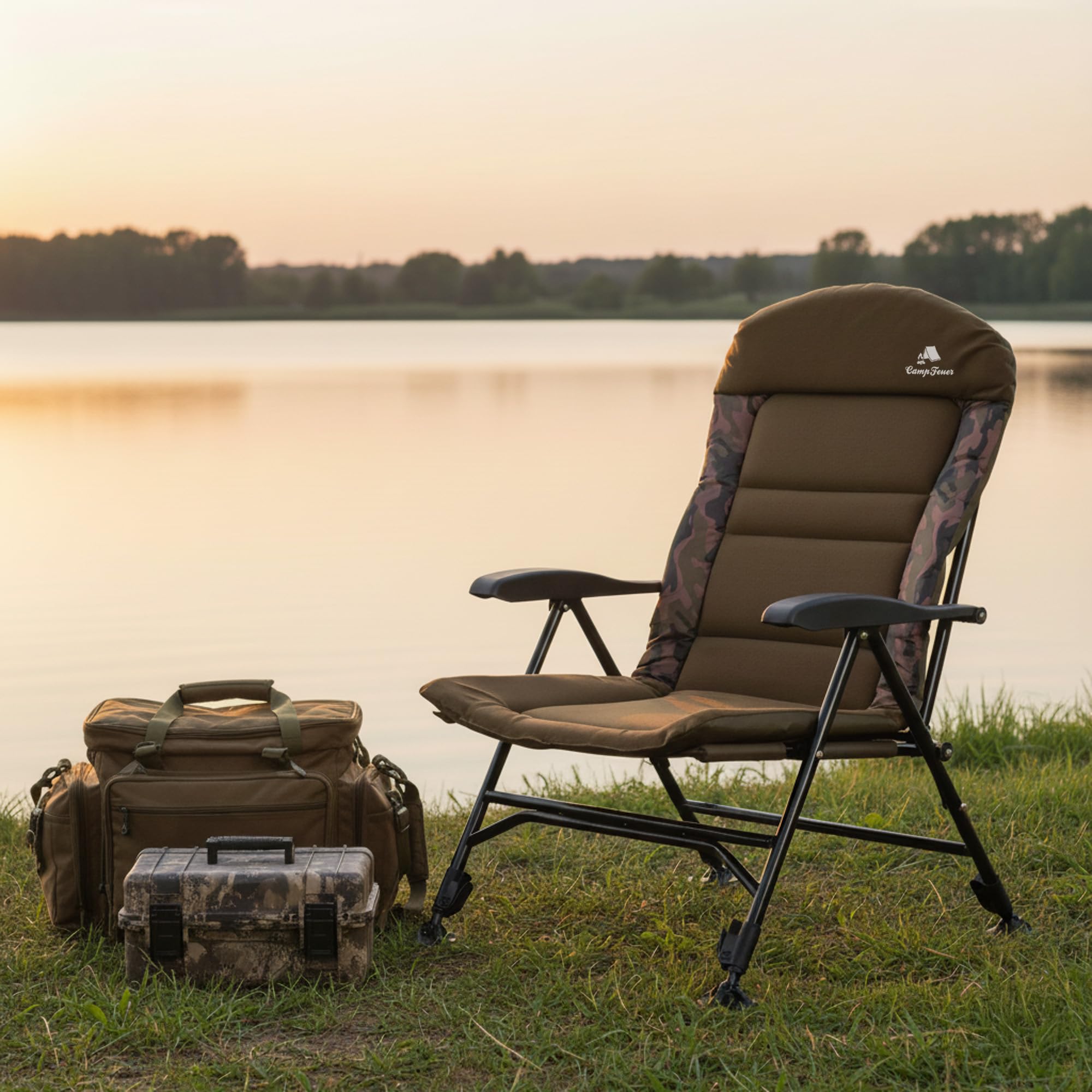 CampFeuer Angelstuhl Camouflage braun | Höhenverstellbarer Campingstuhl | Faltbarer Karpfenstuhl | Outdoor Travelchair für Camping, Zelten, Angeln | Fischerstuhl klappbar, Carp Chair, Angelliege