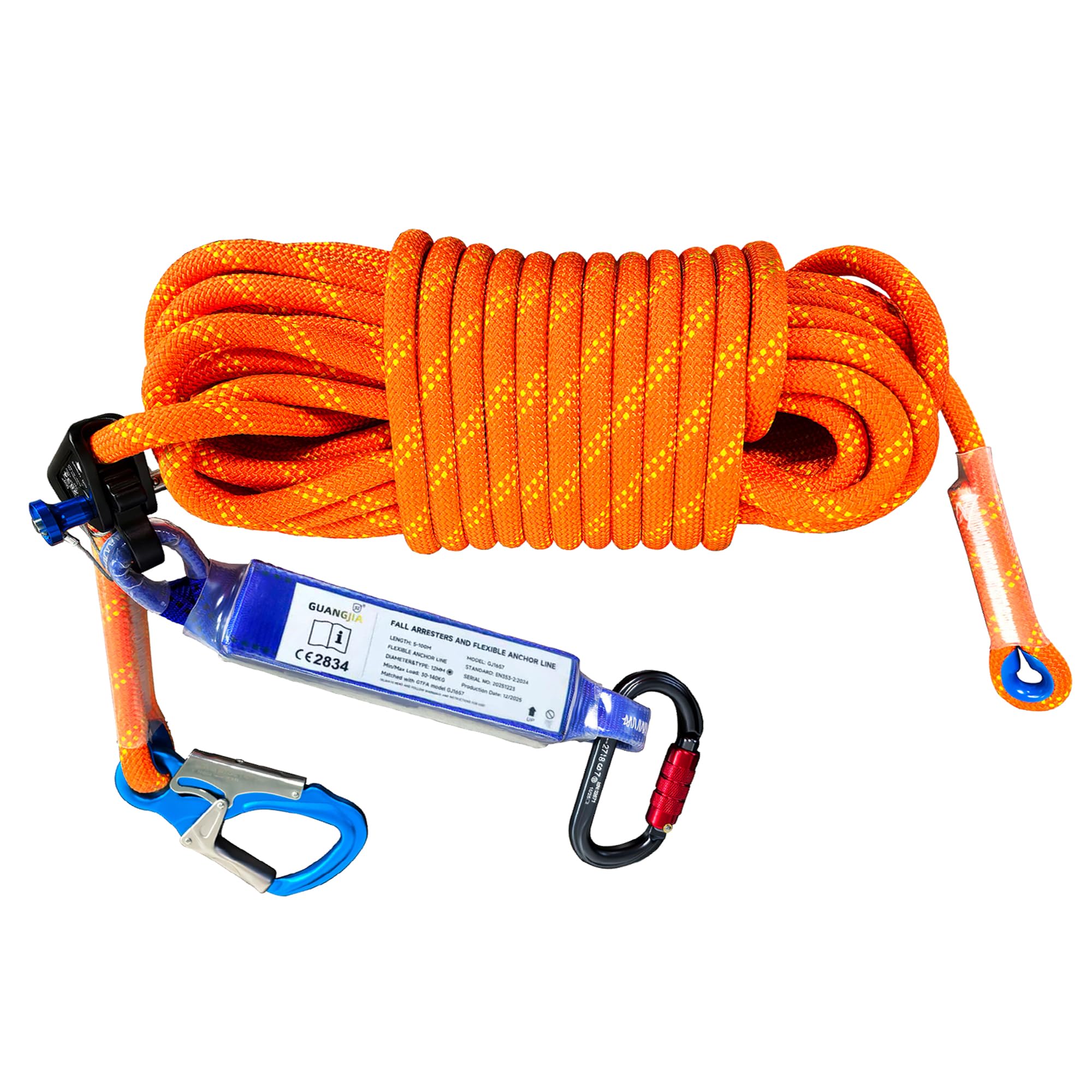 DIJJIG Fall Protection Safety Rope Heavy Duty Vertical Lifeline with Grab Snap Hooks Shock Absorber Aluminum Alloy Material Tree Climbing Working at Heights CE Certification (20M/787inch)