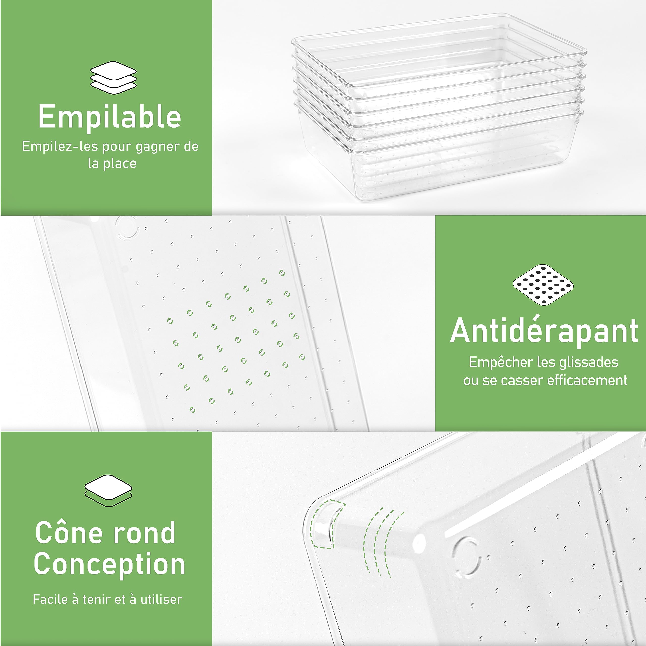 Lot de 8 Organisateur Tiroir Salle de Bain, Grande Taille 23cm, Boite Rangement Plastique Tiroir Cuisine Transparent, Rangement Coiffeuse Tiroirs pour Maquillage, Couverts, Bureau Organiseur de Tiroir