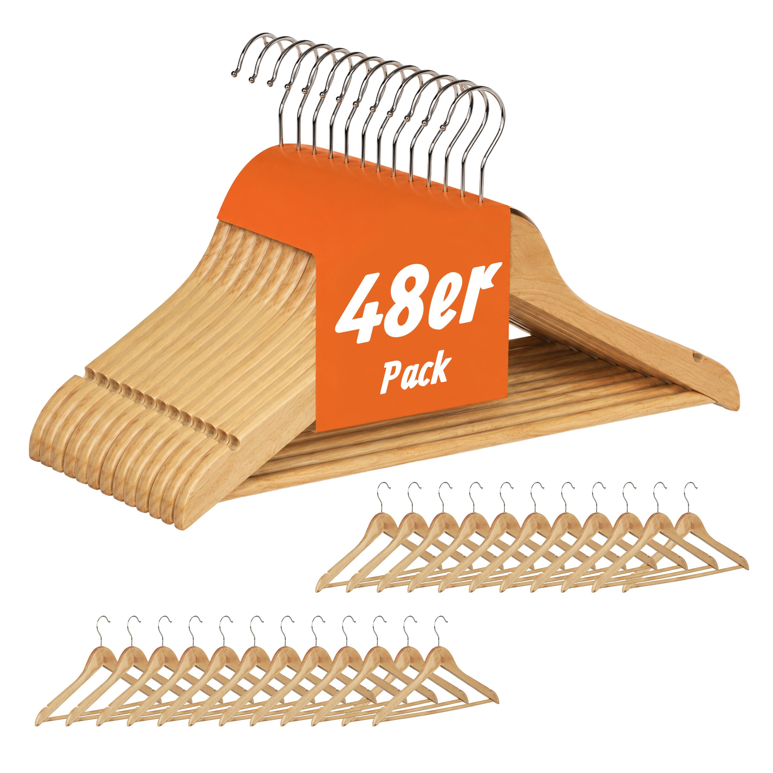 Relaxdays Kleiderbügel Set, 48 Hosenbügel aus Holz, Garderobenbügel, Haken 360° drehbar, HxB: 22,5x44,5cm, natur/silber