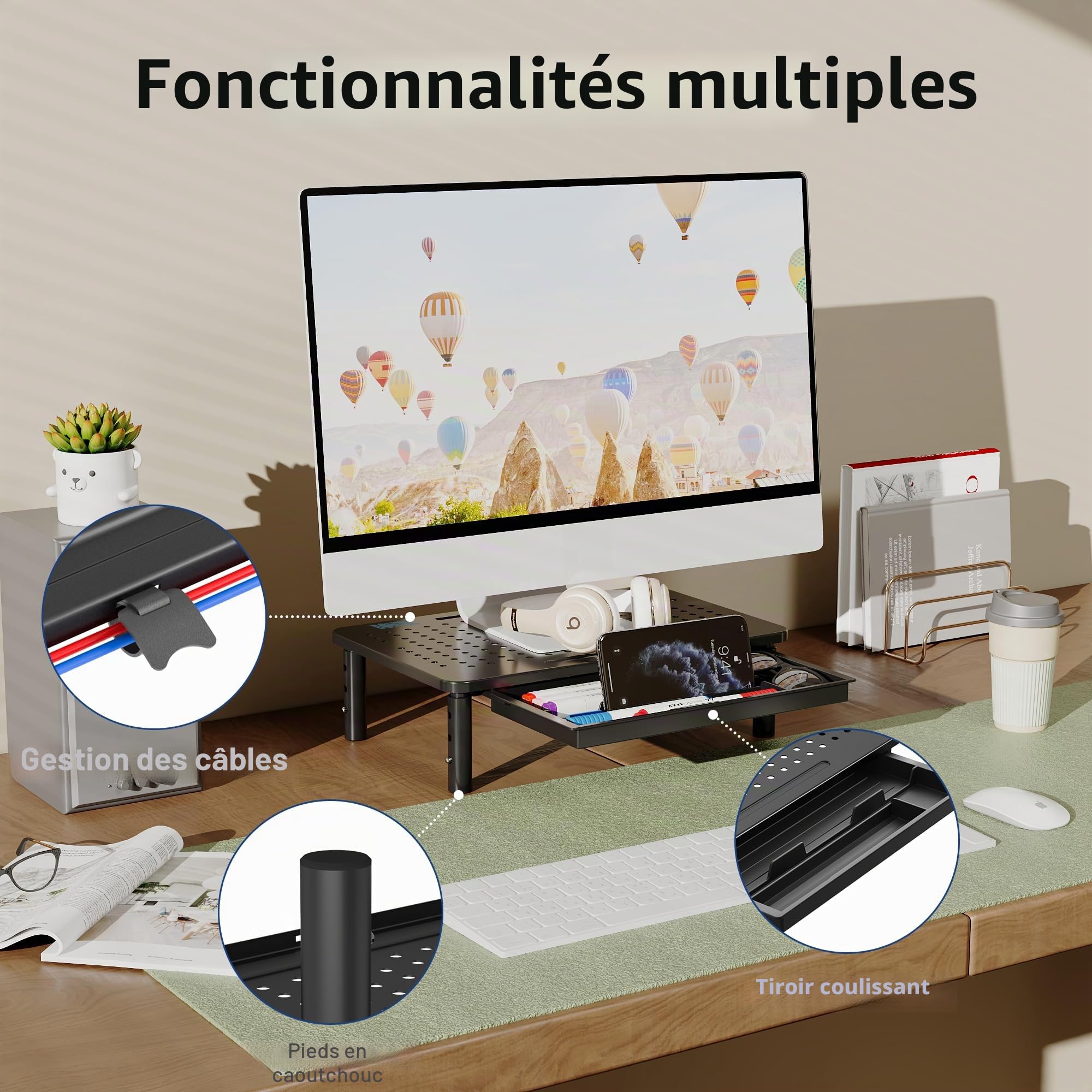 BONTEC Support Moniteur avec Tiroir, 3 Hauteurs Réglables pour Moniteur PC, Rehausseur Ecran pour Bureau avec Plate-Forme en Maille pour, Ordinateur Portable, PC, Imprimante jusqu'à 20 kg