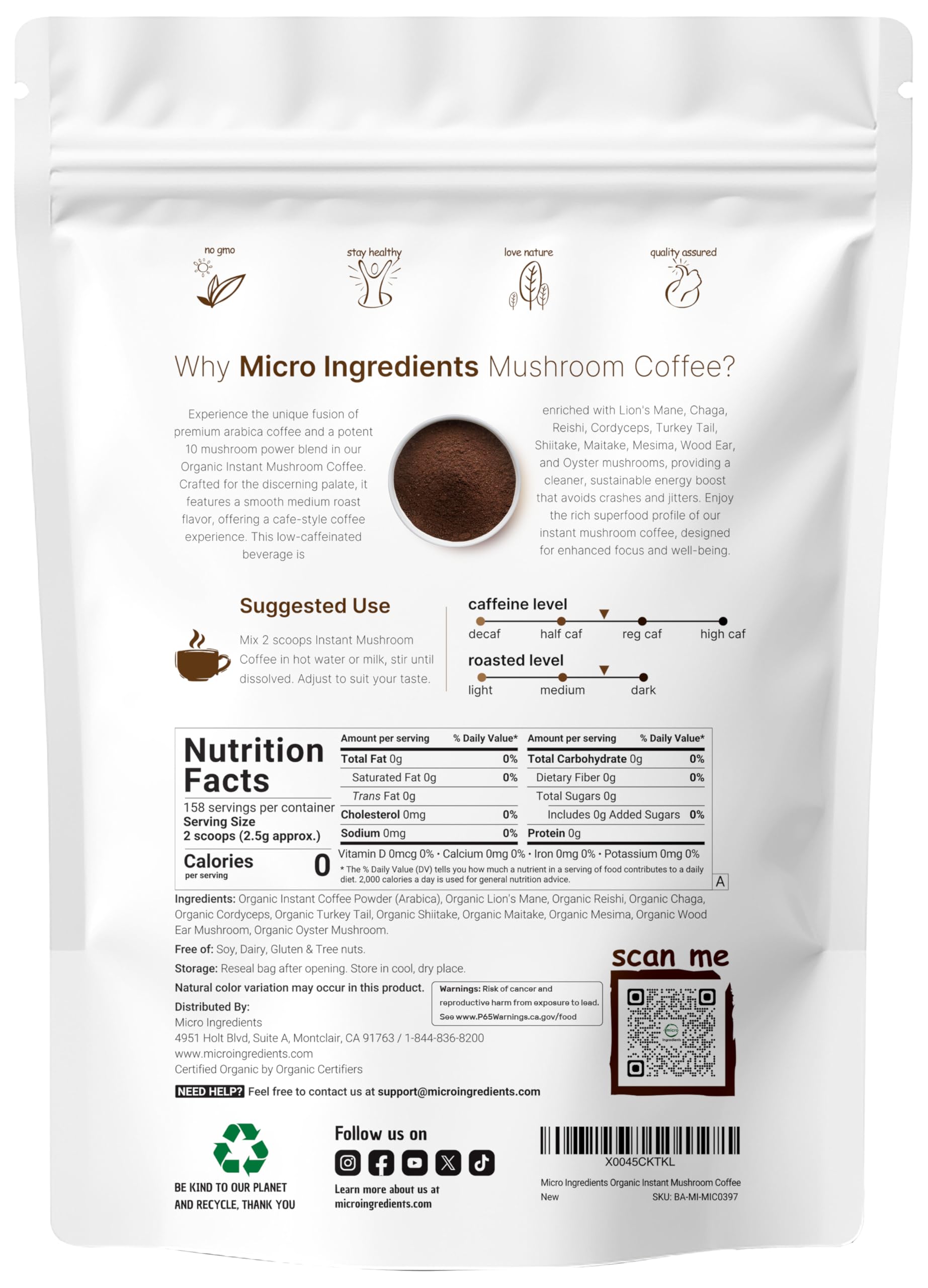 Organic Instant 10 in 1 Mushroom Coffee Powder 14 Ounce 158 Servings Weight Immune Support Premium Arabica Coffee — view 2