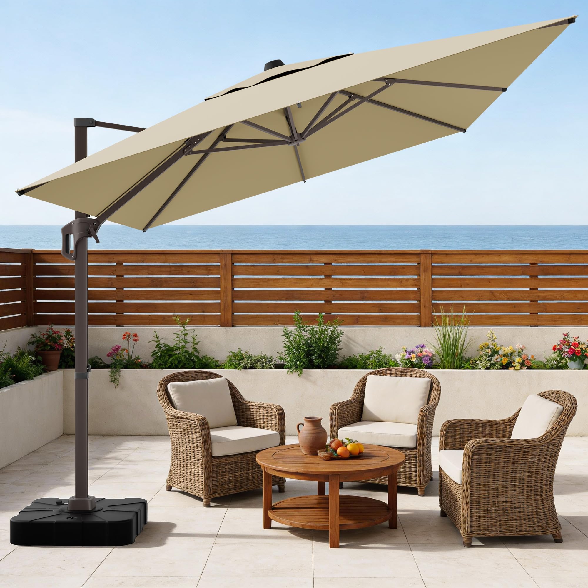 UMBFUN Sonnenschirm 300 x 400 cm mit Fußpedal und Kreuzsockel,Groß Ampelschirm,Kurbel Doppeldach Gartenschirm mit 360° Drehbar für Terrasse,Pool,Outdoor,Balkon Sonnenschutz