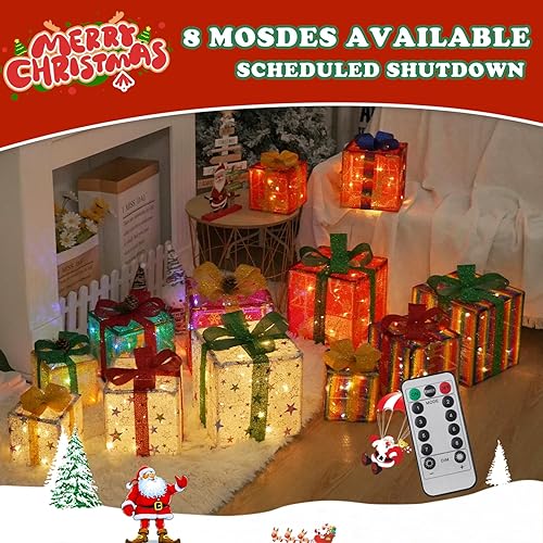 Miniatura 7 de Juego de 3 cajas de regalo iluminadas de Navidad con control remoto y temporizador, 8 modos de decoración navideña para interiores y exteriores con
