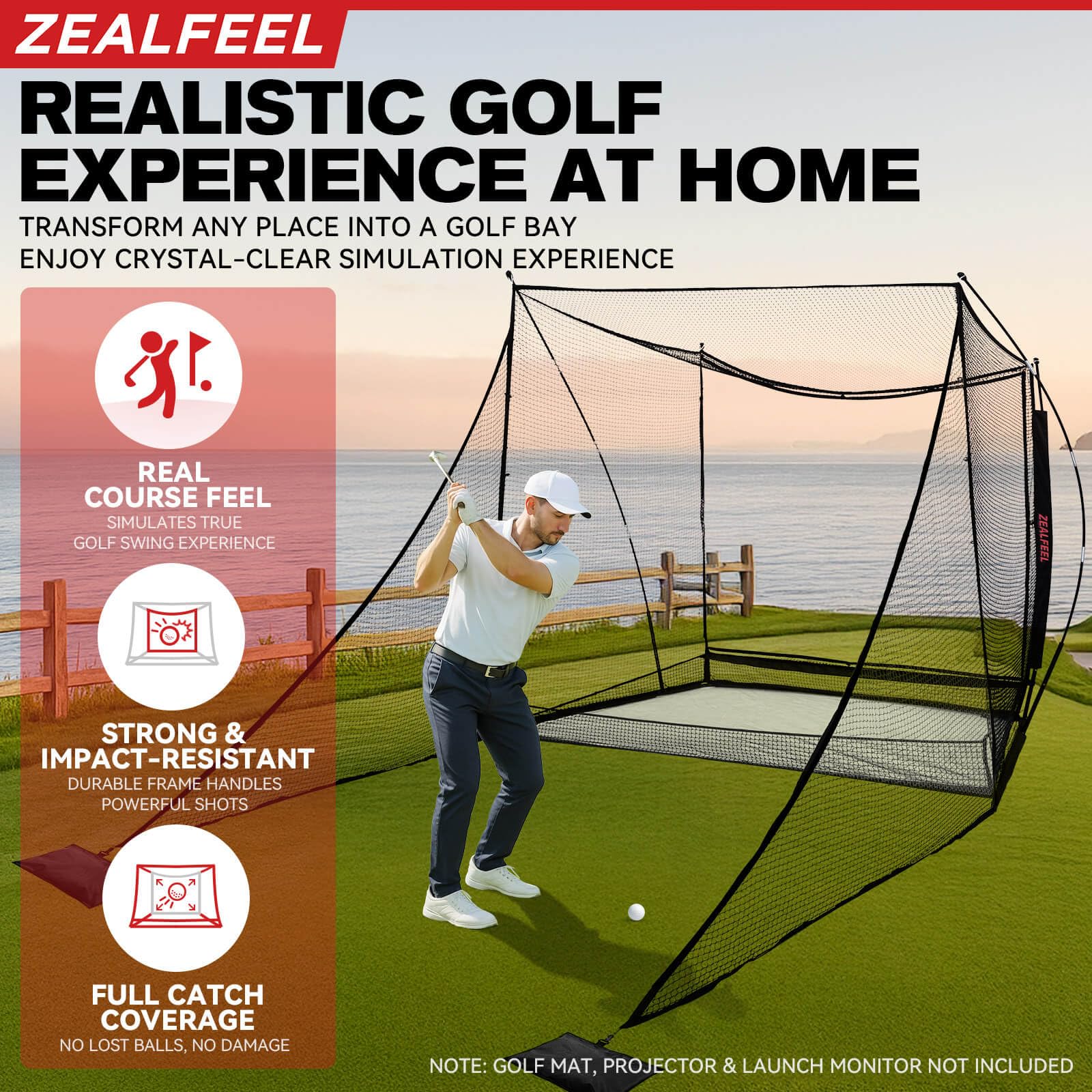 ZEALFEEL Golf Simulator Cage with Side Barriers&Impact Screen – 10x8 FT Golf Net with Dual-Layer HD Simulator Screen for High-Speed Shots, Practice Net with Ball Return for Indoor Outdoor Backyard