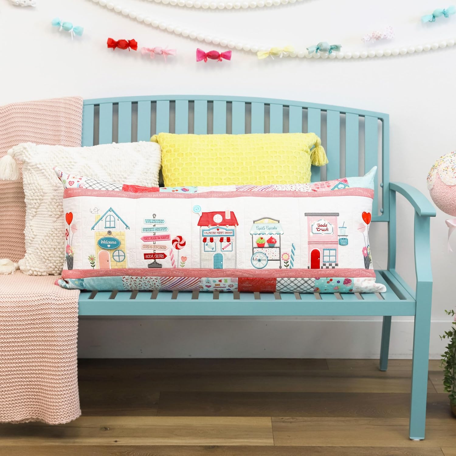 Kimberbell Sweetheart Street Bench Pillow - Machine Embroidery Design – 16" x 38" Finished Size – Digital Download Redemption Card for 5x7 & Larger Hoops (Art, DST, EXP, HUS, JEF, PES, VIP, VP3, XXX)