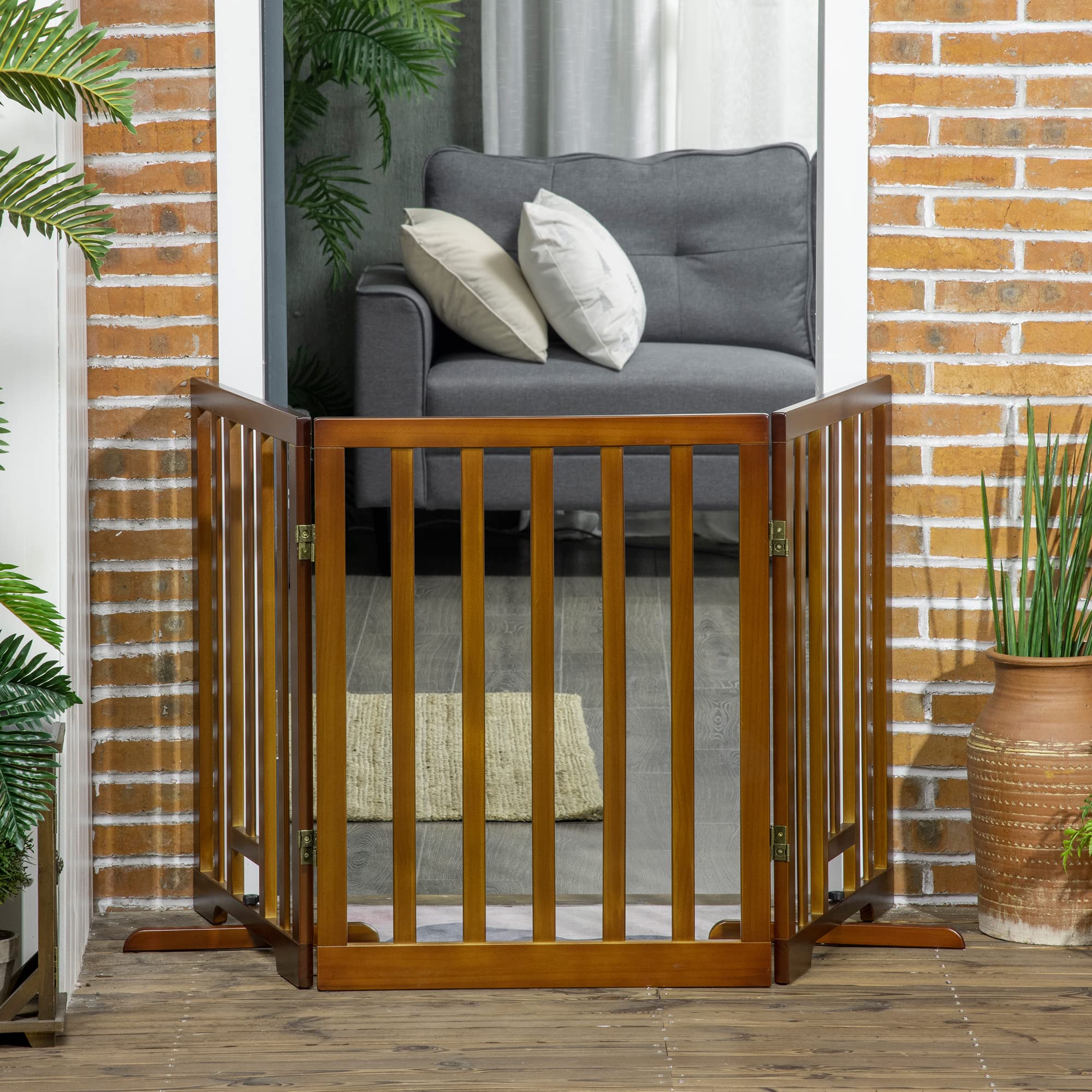 PawHut Cancellino per Cani Cancelletto 3 Pannelli 181x35x76cm Marrone Scuro | Pieghevole, Piedini Antiscivolo, per Corridoi Scale e Stanze, in Legno di Pino