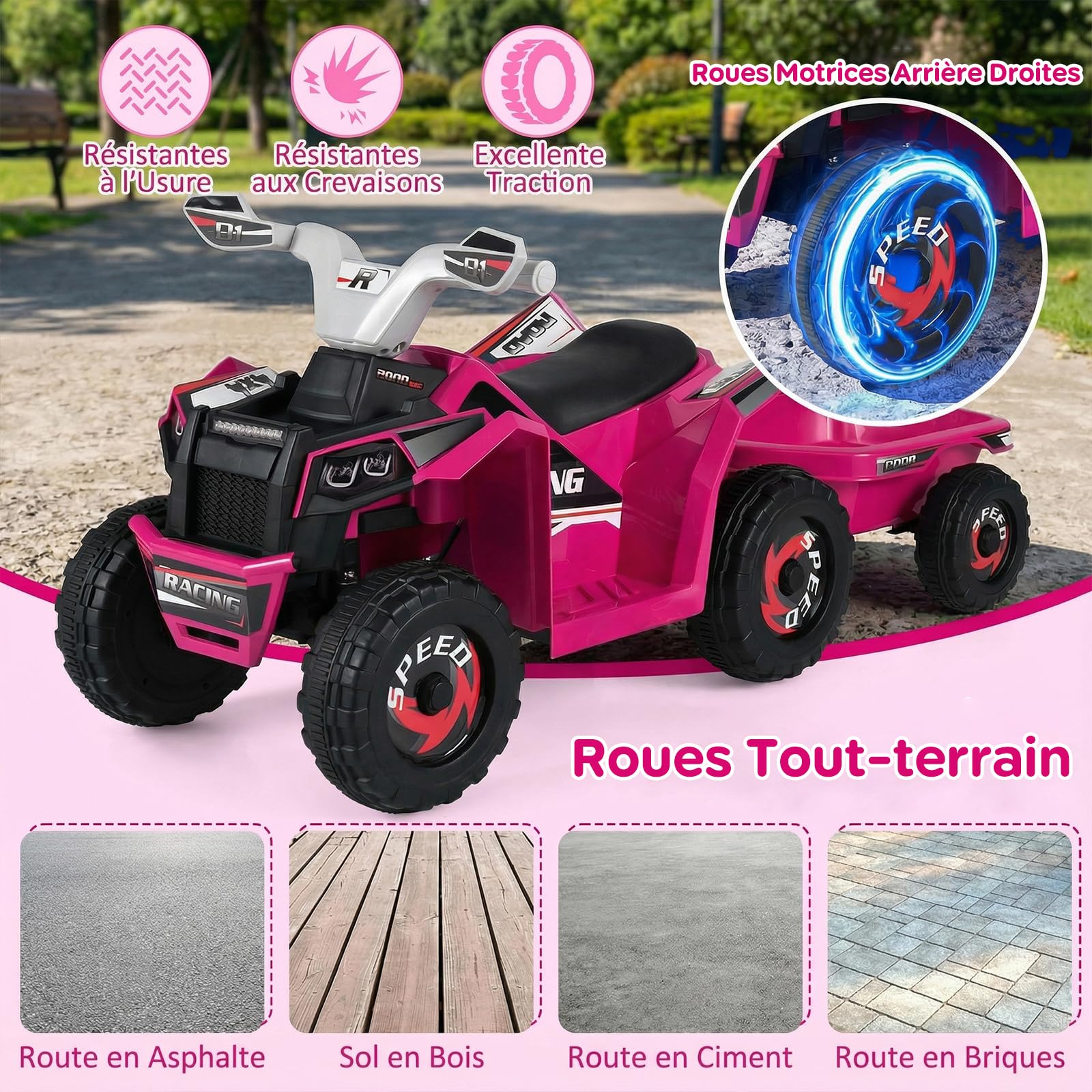 COSTWAY 6V Quad Électrique Enfant avec Remorque Amovible, Voiture Électrique ATV avec 6 Roues Antidérapantes & Bouton & Pédale, Charge 30kg, 2-3 km/h pour Enfant de 3 Ans+ (Rouge Rose)