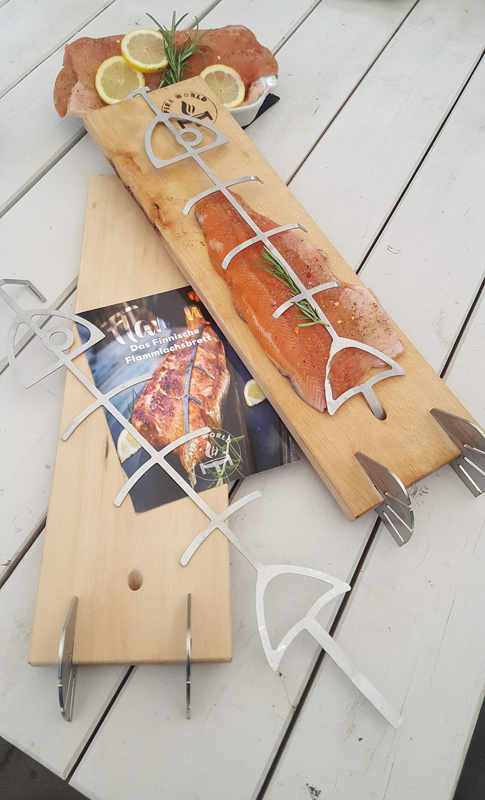 Fire World - Lot de 3 planches à saumon flammé - Planche à saumon flammé avec support en acier inoxydable - Planches à saumon en hêtre - Planche à saumon - Brasero - Planche à fumer - Fabriqué en