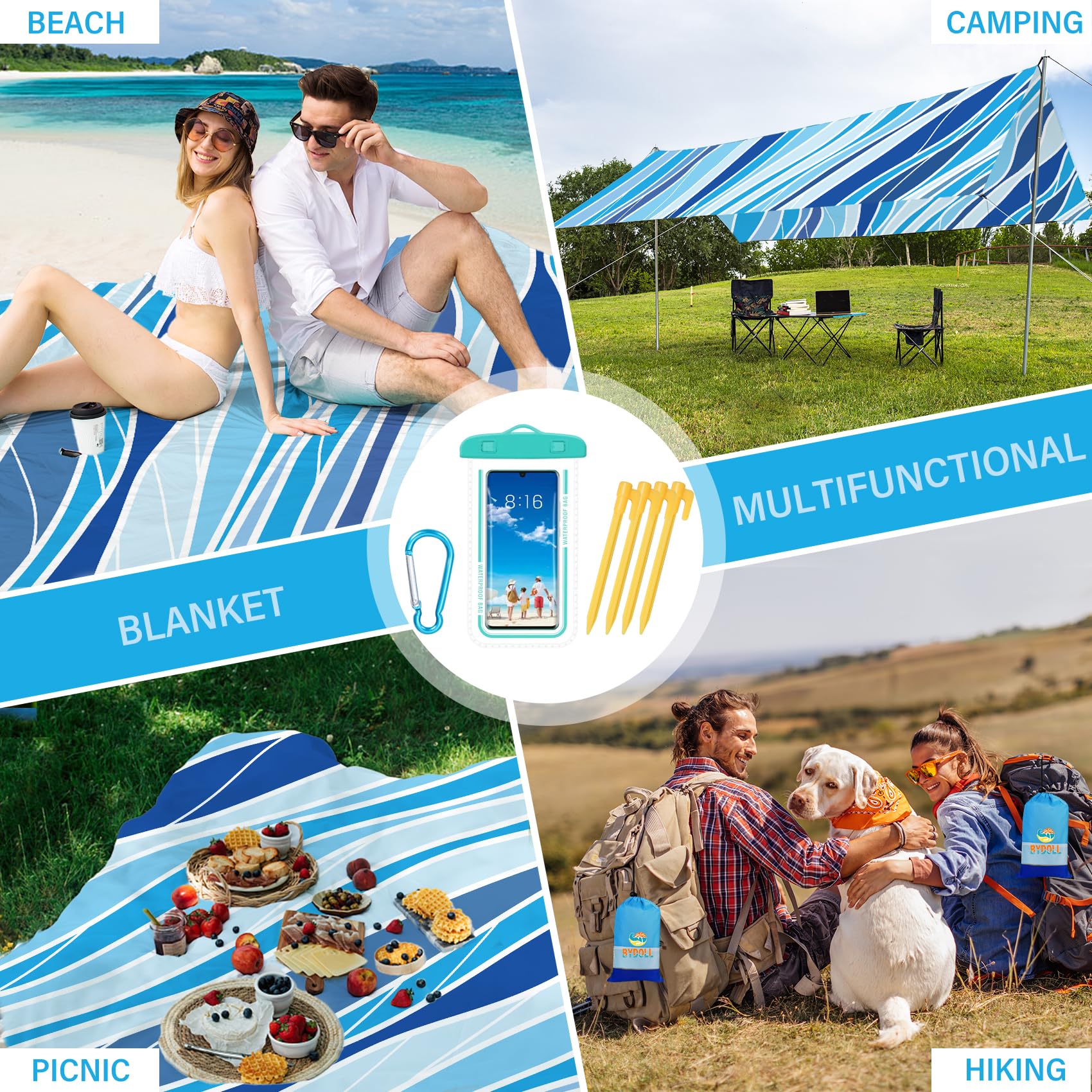 Tapis De Plage, Couverture De Pique-Nique à Séchage Rapide Anti-Sable Portable Imperméable Pliable, Couverture De Plage Pour Plage, Camping, Picnic, Voyage, Randonnée, Parc, Jardin,Bleu 1,140X150