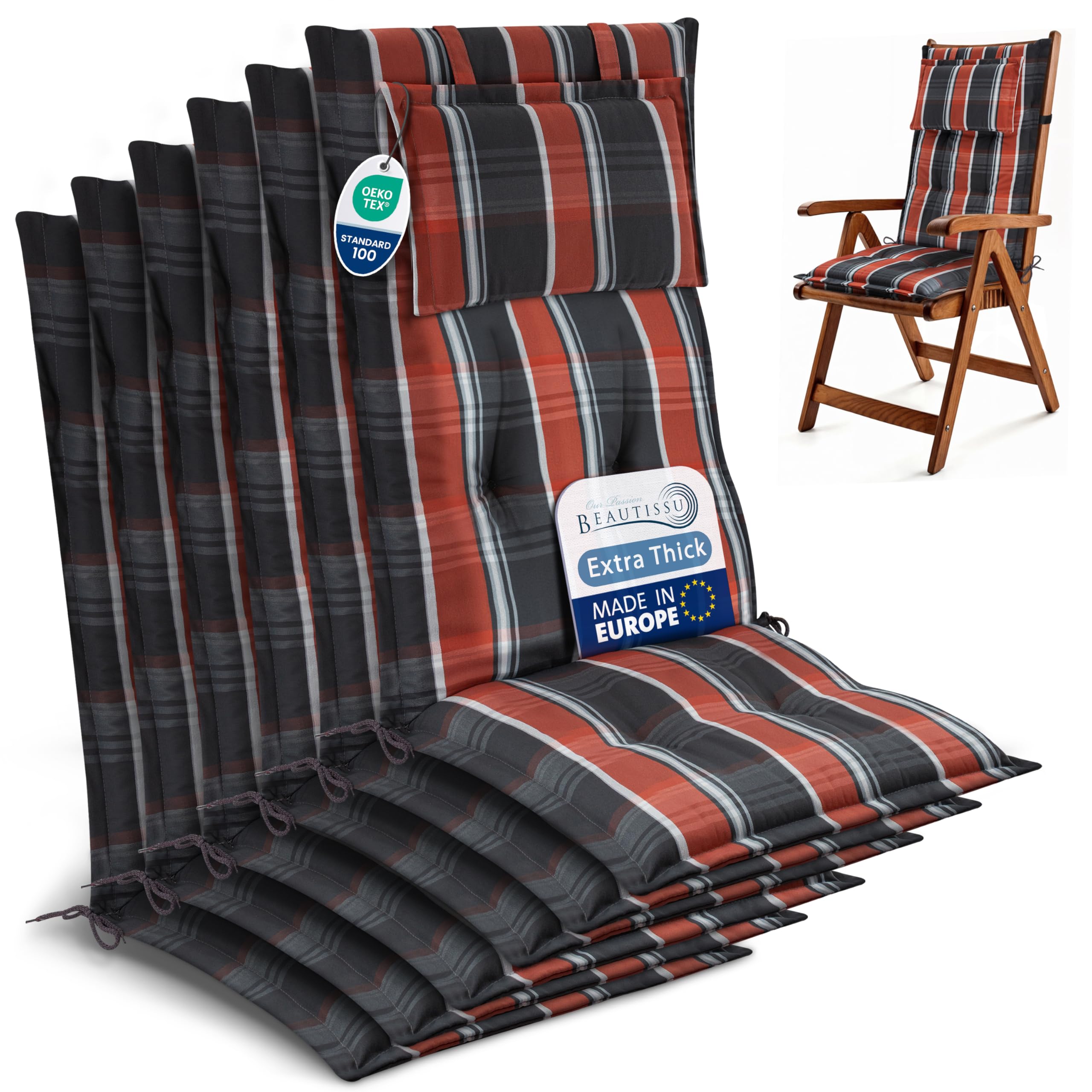 Beautissu 6 Premium High Back Garden Outdoor Chair Cushions 120x50 cm - 7 cm Thick Grey-Orange-White Checkered Seat Cushions for Garden Chairs Rattan - Durable Fabric & UV-lightfastness - HighLux HL