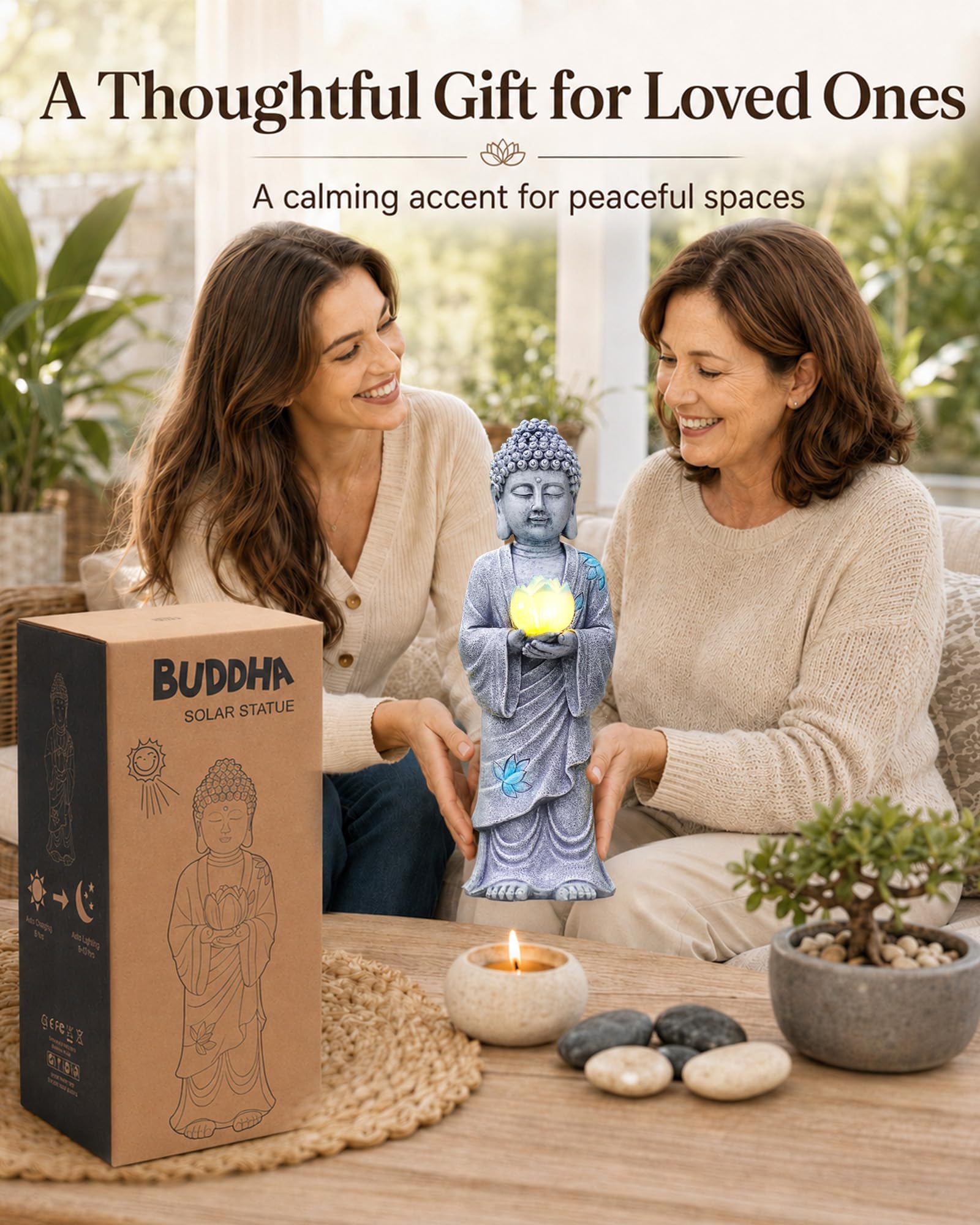 Yeomoo Statua di Buddha in piedi con luce solare LED loto, decorazione da giardino, resistente alle intemperie, decorazione per giardino, soggiorno, Feng Shui, spirituale, regalo per donne, mamma e
