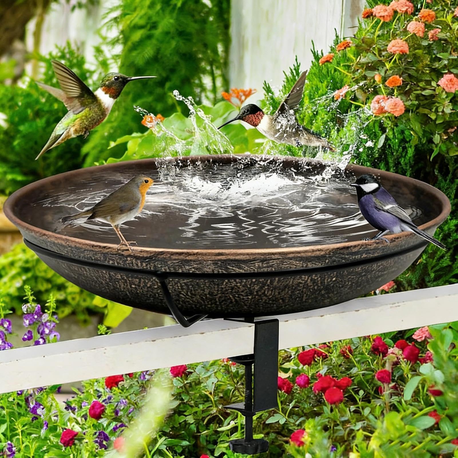 Baño para Pájaros con alimentador de metal con abrazadera ajustable | Bebedero para Aves para Barandilla de Balcón para Exterior, Patio, Terraza, Valla, Porche, Jardín