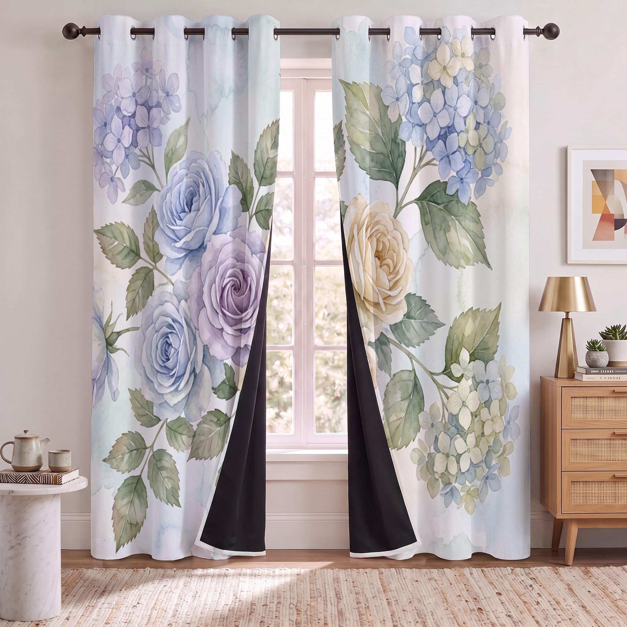 Verdunkelungsvorhänge mit Frische Aquarellblumen, 2 Paneele, Rosenhortensie, Vorhänge für Schlafzimmer, Wohnzimmer, lichtblockierende Thermovorhänge, Hellblau, 137 x 117 cm