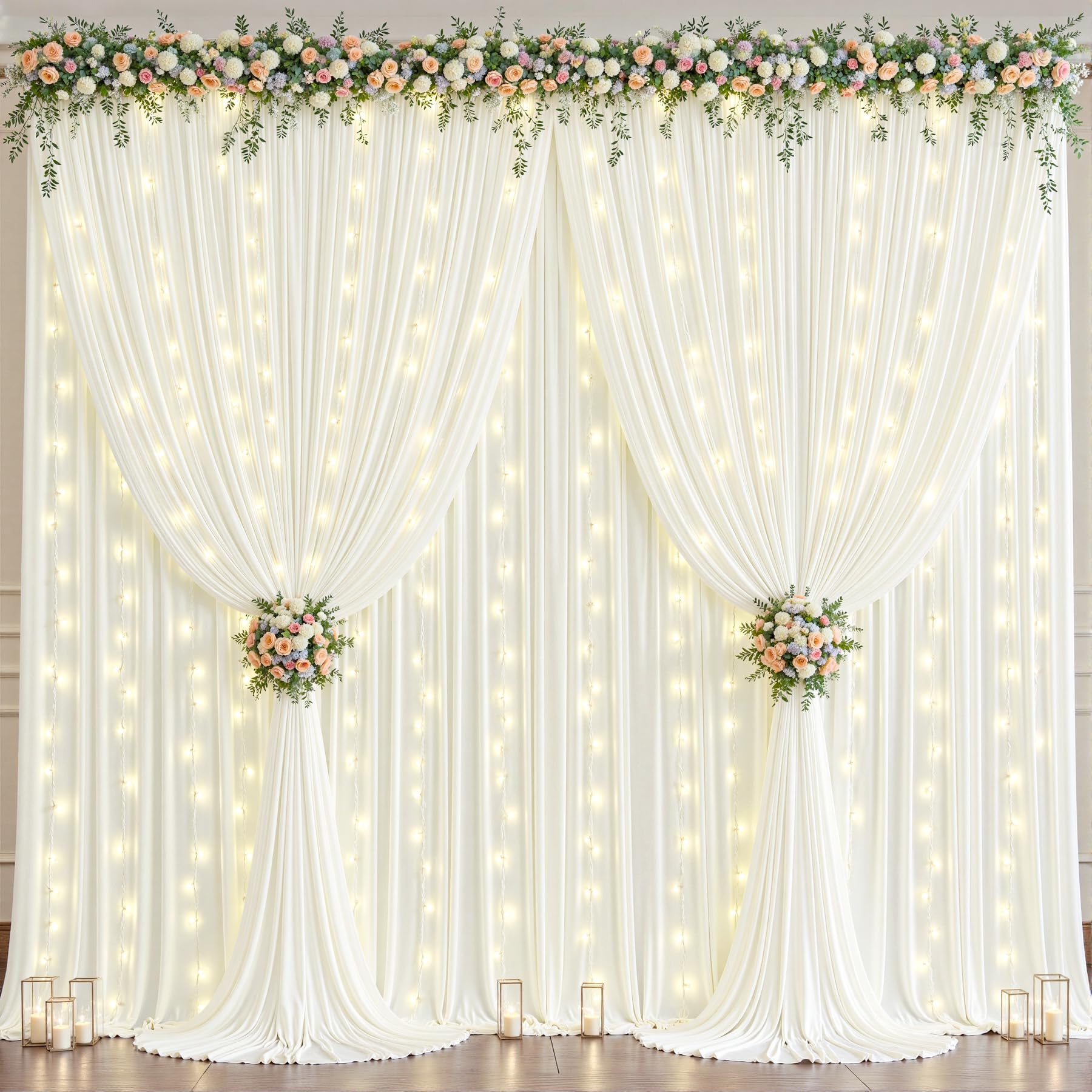 10x10ft Cream White Backdrop Curtains with Lights String for Parties Wedding Wrinkle Free Curtains Soft Fabric Photo Drapes for Birthday Baby Shower