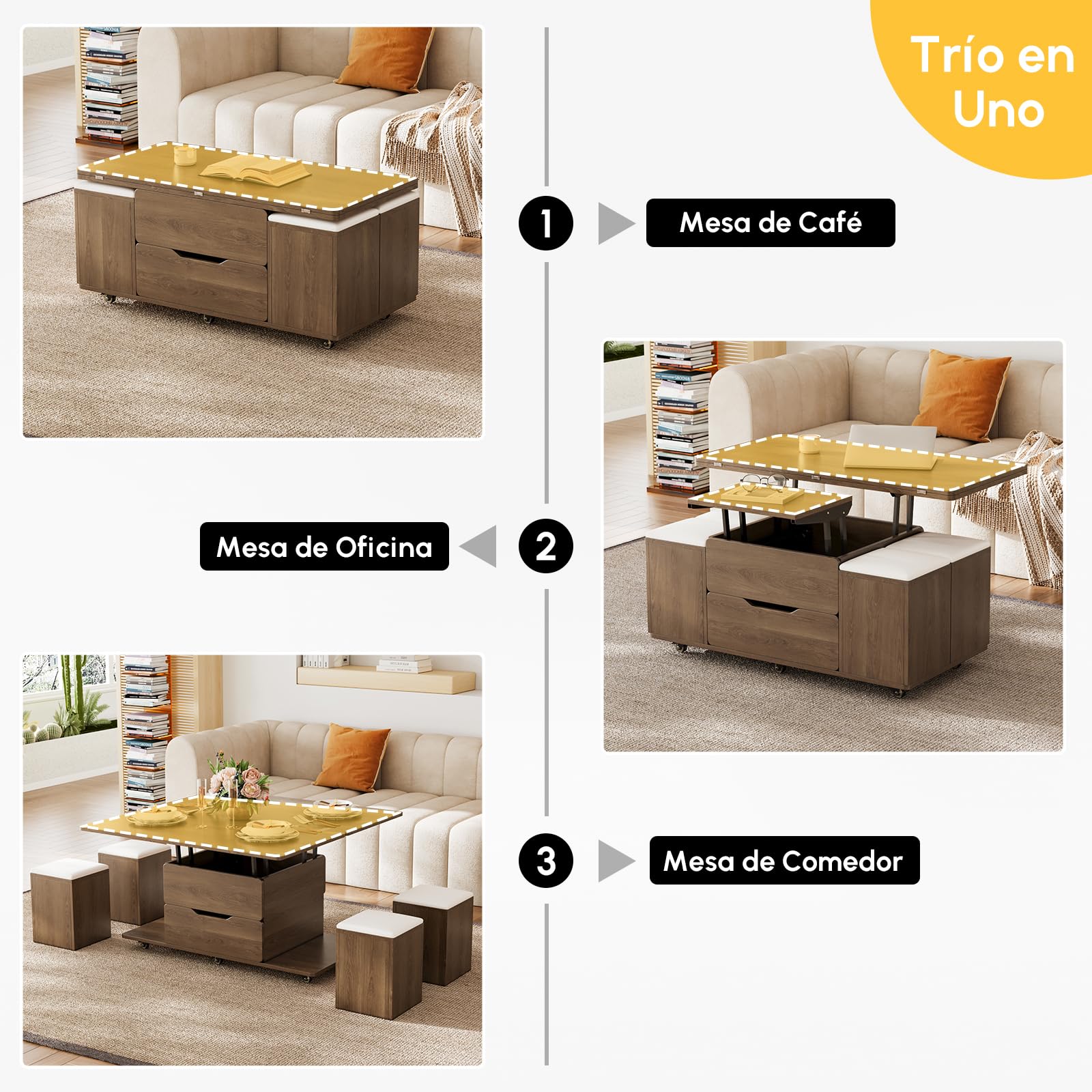 Homary Mesa de Centro Elevable con 4 Taburetes 100 X 50cm Nogal Mesa Elevable con Mecanismo Hidráulico y Almacenaje Oculto,Extensible con Rueda Bloqueable Función Convertible para Oficina o Comedor