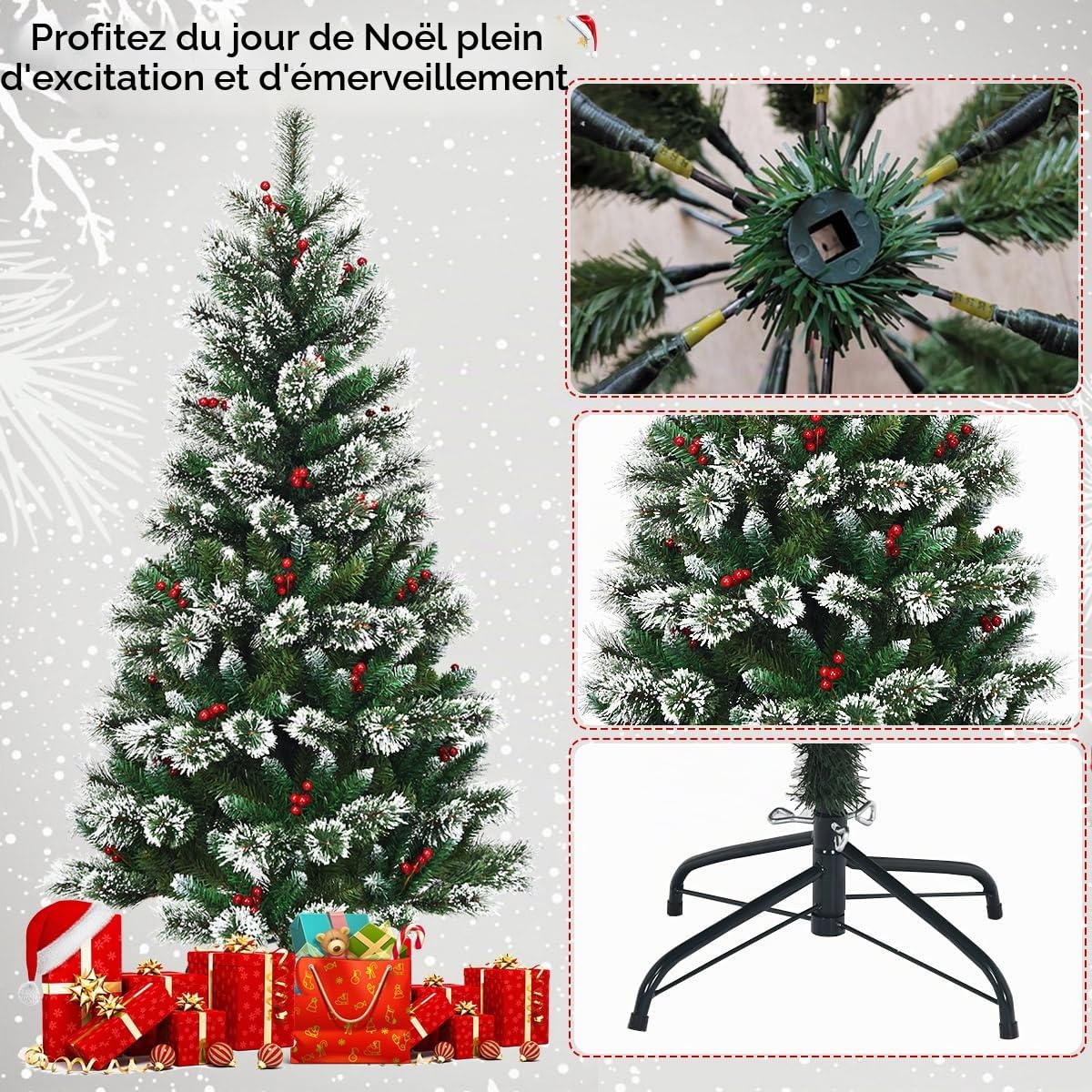 KOMFOTTEU 150 cm Arbre de Noël Artificiel, Neigeux avec Pommes de Pin | Sapin de Noël à Ouverture automatique avec Base en métal, Arbre de Décoration de Noël en PVC