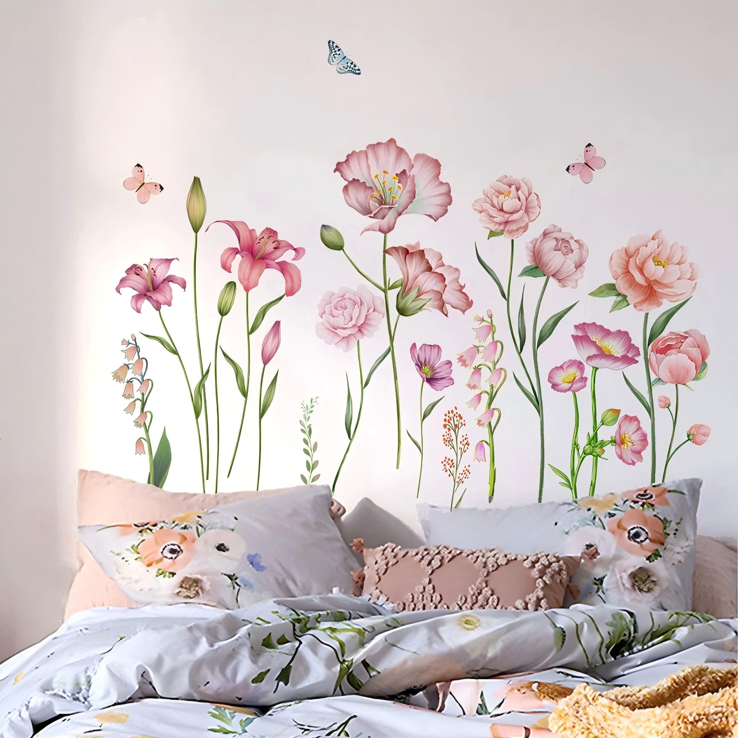 OUFEI Wall Stickers Floral Wallpaper Peel and Stick Pink Fresh Flowers Wall Decals for Living Room Girls Bedroom Baby Kids Nursery Wall Decoration - Image 4