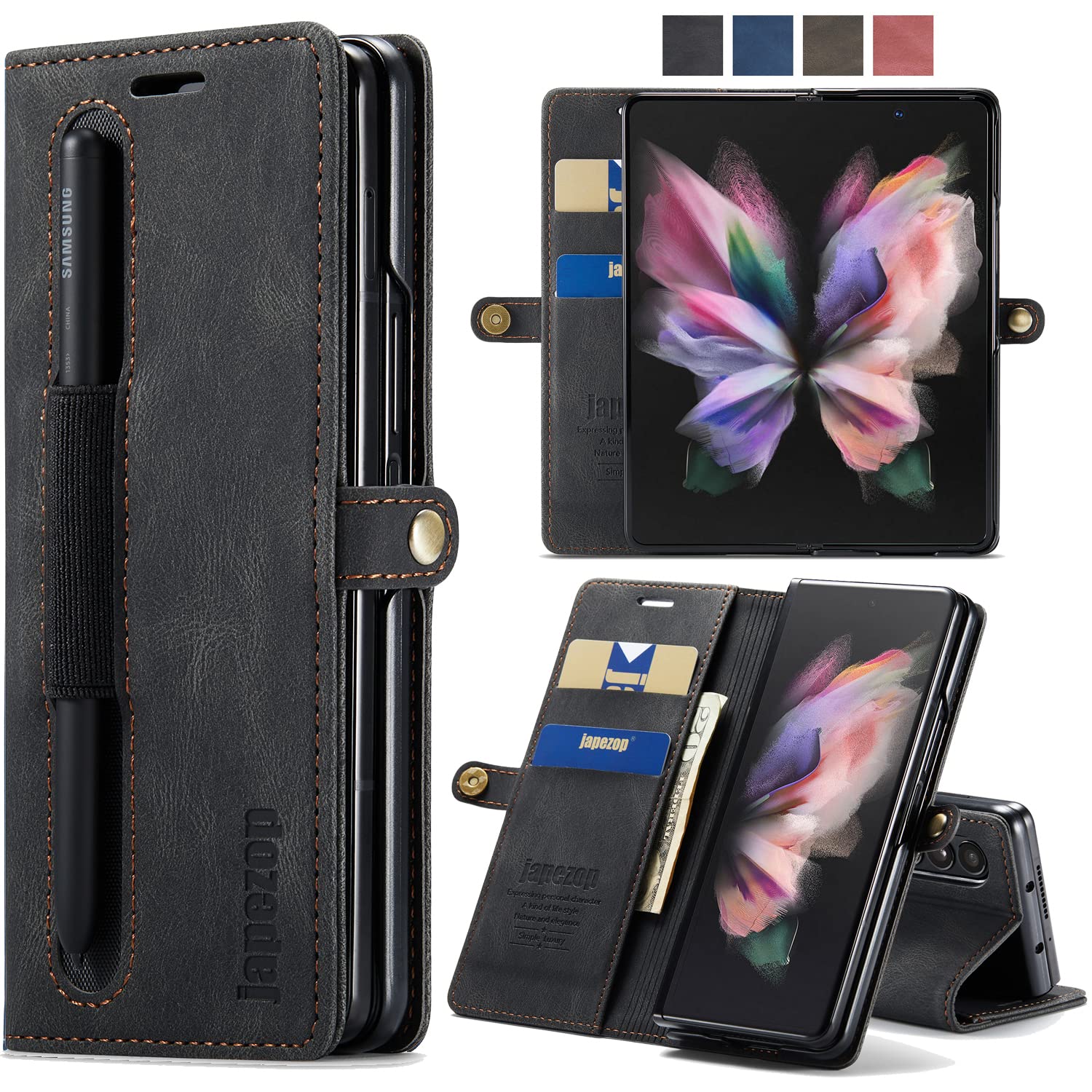 Samsung Galaxy Z Fold 3 Wallet Case with S Pen Holder,Card Holder RFID Blocking Kickstand Magnetic,Leather Flip Case Wallet for Galaxy Z Fold 3 5G(