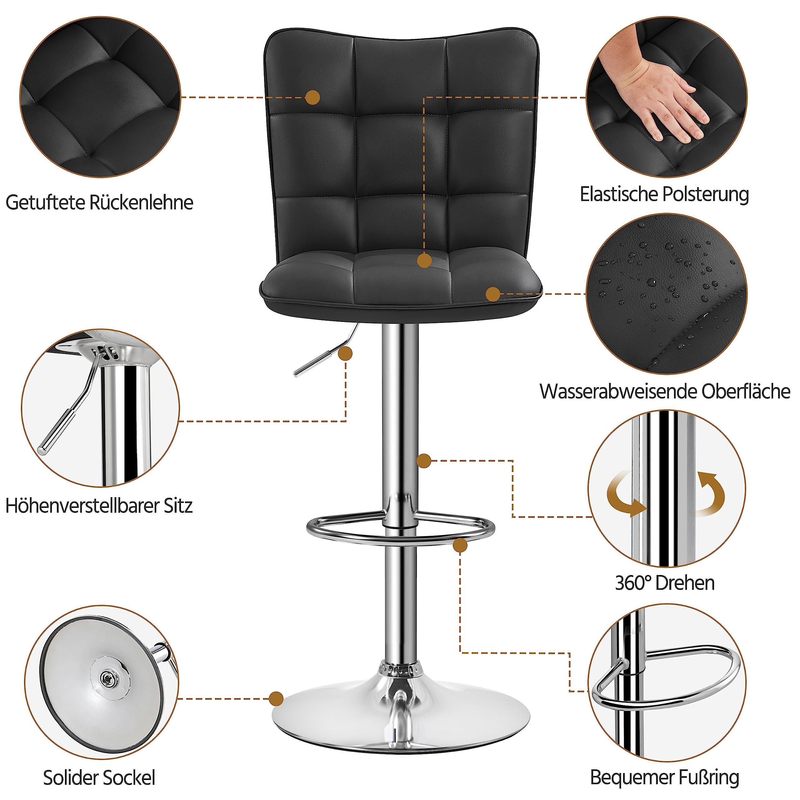 Yaheetech 2er Set Barhocker Barstühle 360°Drehbar Küchenstühle mit Rückenlehne und Fußstütze, Barstuhl PU-Kunstleder Sitzhöhe 62,5 cm - 83 cm für die Küche/Bar/Salon, Höhenverstellbar Schwarz