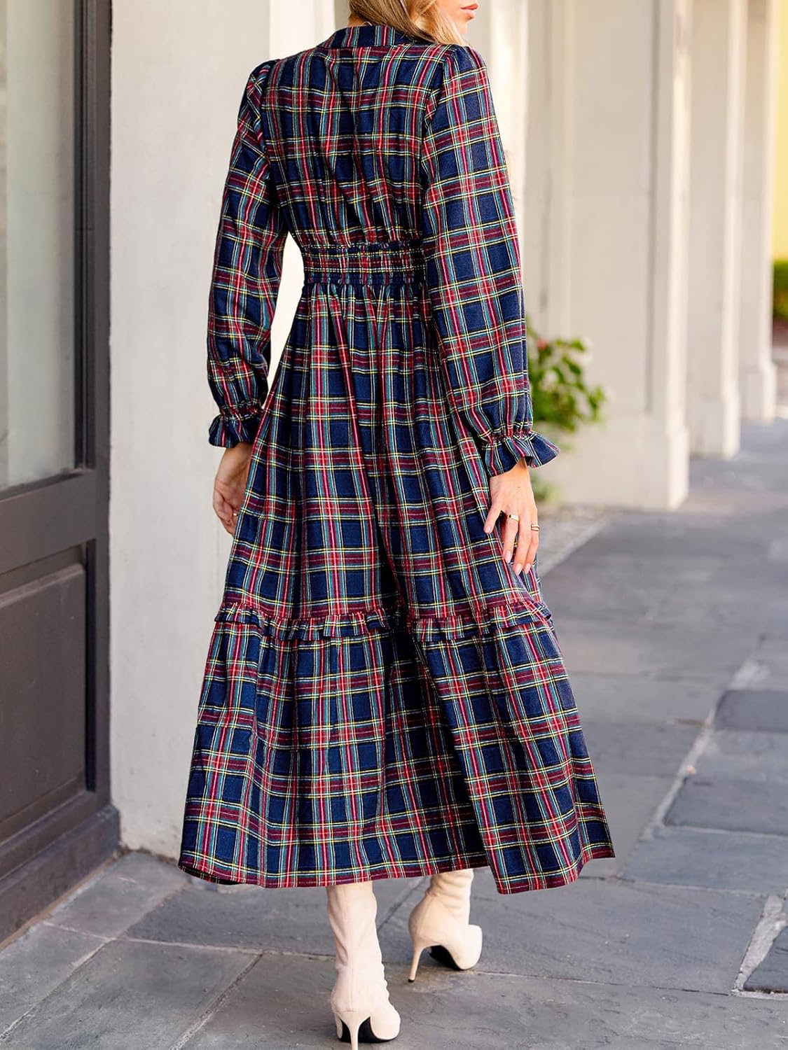 CUPSHE Women's Plaid Ruffle Maxi Dress V Neck Long Sleeve Smocked Waist Fall Casual Party Dresses - Image 4