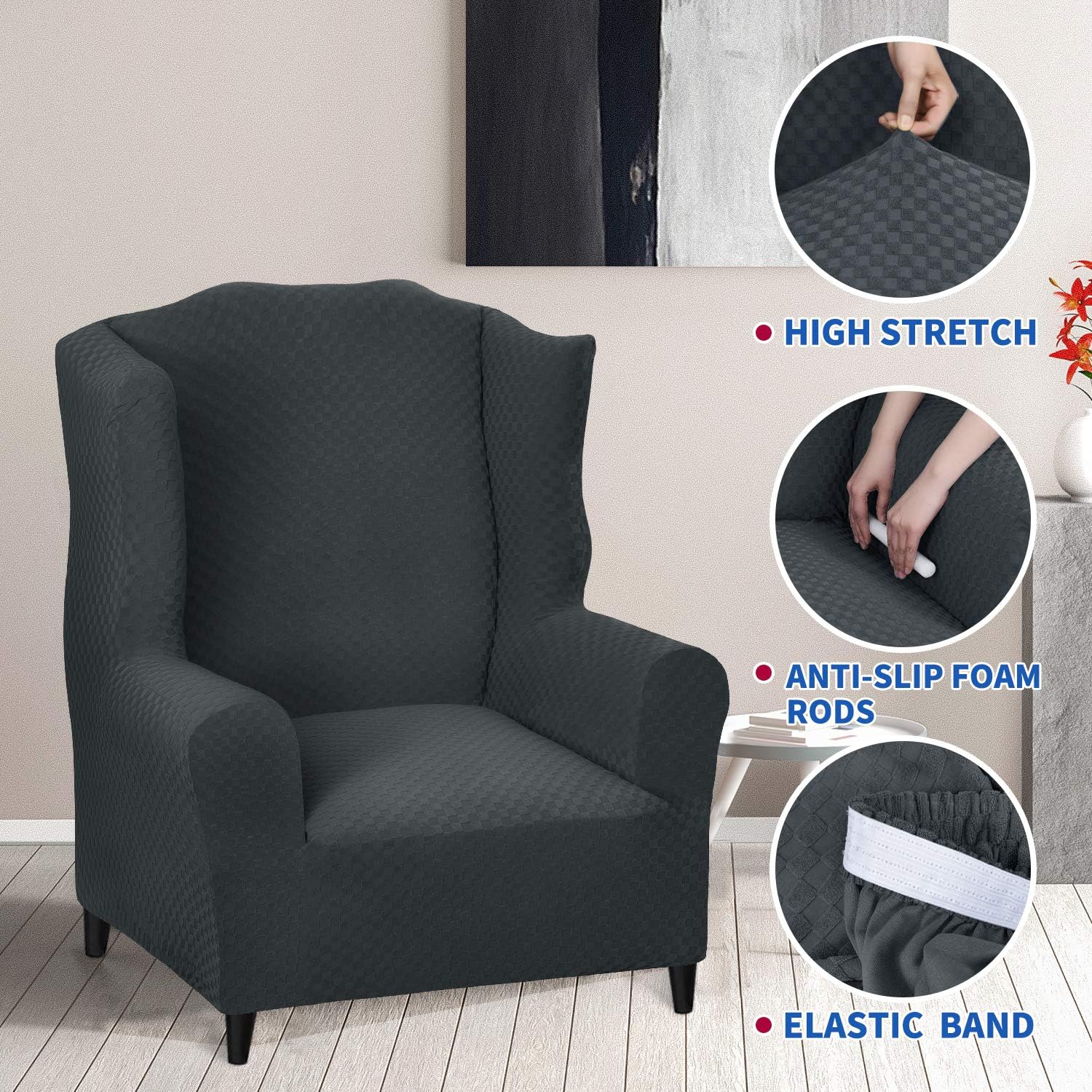 MAXIJIN Wingback Chair Covers 1-Piece Stretch Wing Chair Covers Soft Thick Wingback Armchair Slipcover Non-Slip High Back Chair Furniture Protector Washable (Wing Chair, Dark Gray)