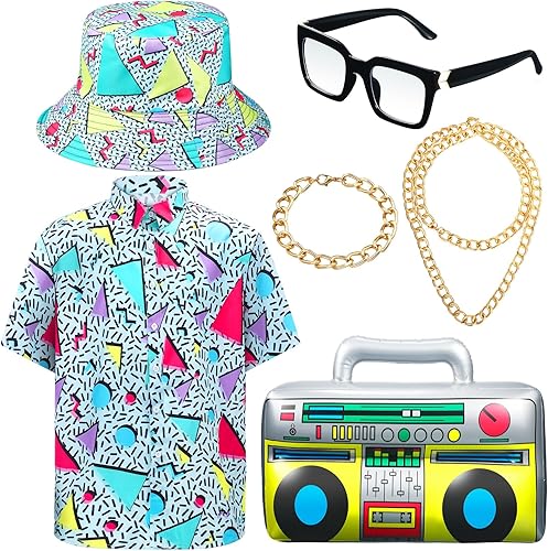 Hicarer Conjunto de 6 piezas de accesorios de los años 80 y 90 para hombres y niños, disfraz de hip hop, rapero, rocker disco para fiesta de los
