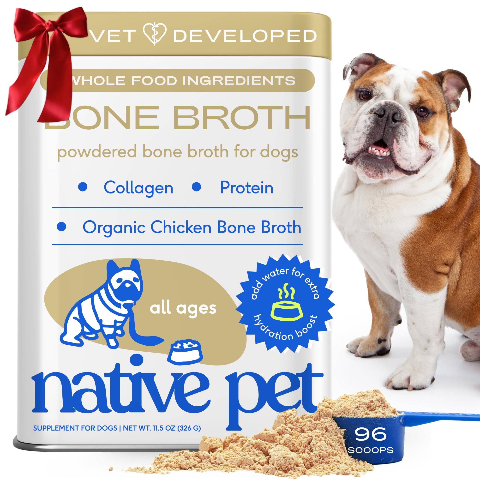 Bone Broth for Dogs and Cats - Chicken Bone Broth Powder Dog Food Toppers for Picky Eaters - Provides Extra Nutrition for Joint Strength, Immune Support & Heart Health - 96 Scoops