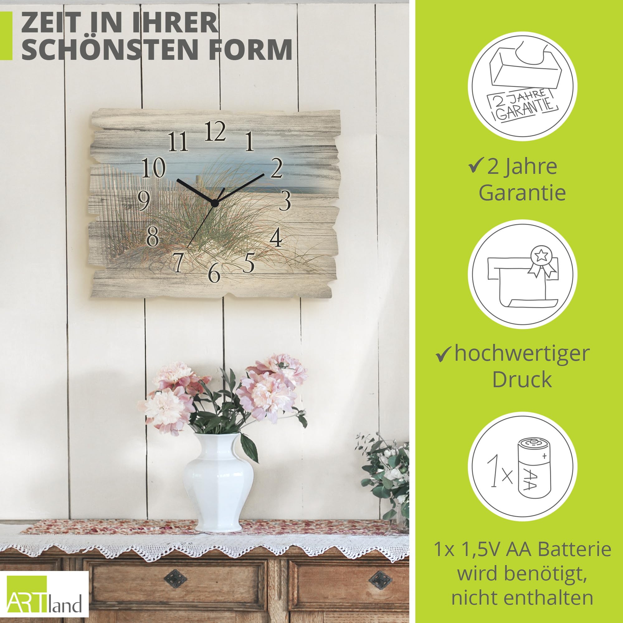 ARTLAND Wanddeko Wanduhr ohne Tickgeräusche aus Holz Funkuhr 40x30 cm Rechteckig Lautlos Strand Meer Düne Gräser Landschaft Maritim T5MA