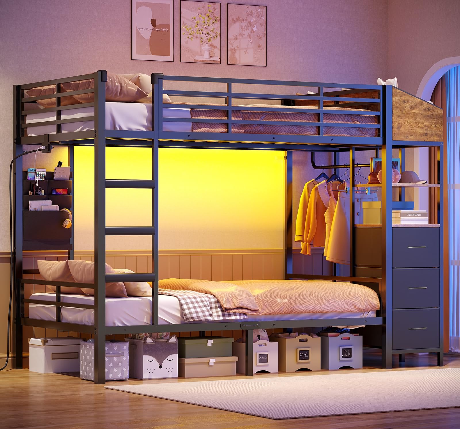 AOGLLATI Hochbett 90x200 mit LED Beleuchtung und Ladestation Kinderbett 90x200 mit Treppe und Rausfallschutz Platzsparendes Kinder Etagenbett Jugendbett mit Garderobenständer und Stauraum