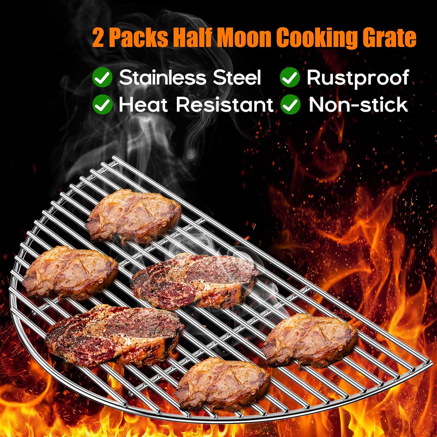 Skyflame 18" Half-Moon Cooking Grate, 2-Pack Stainless Steel Grill Grate Compatible with Kamado Joe Classic Joe Series, Large Big Green Egg and Other Round 18-inch Charcoal Grills