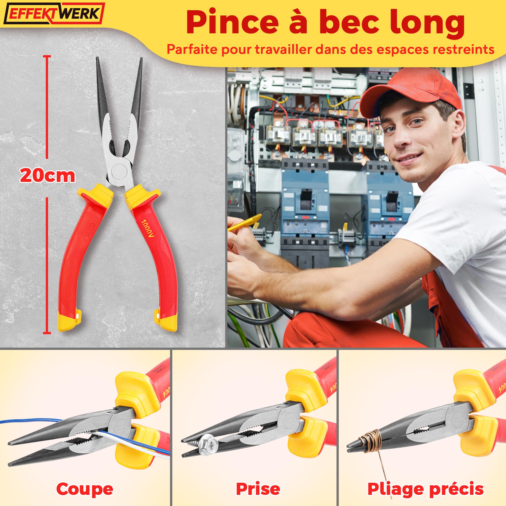 Jeu de 3 pinces pour électricien, isolées et testées VDE, combinées, longues/à bec aiguille et coupantes latérales/pinces coupantes diagonales