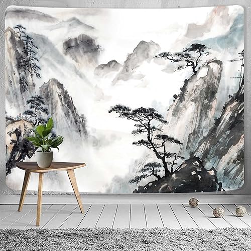 Miniatura 5 de Hjokiupt Tapiz japonés, pintura de paisaje asiático, tinta oriental, acuarela, árbol de montaña, decoración abstracta de dormitorio, tapiz con