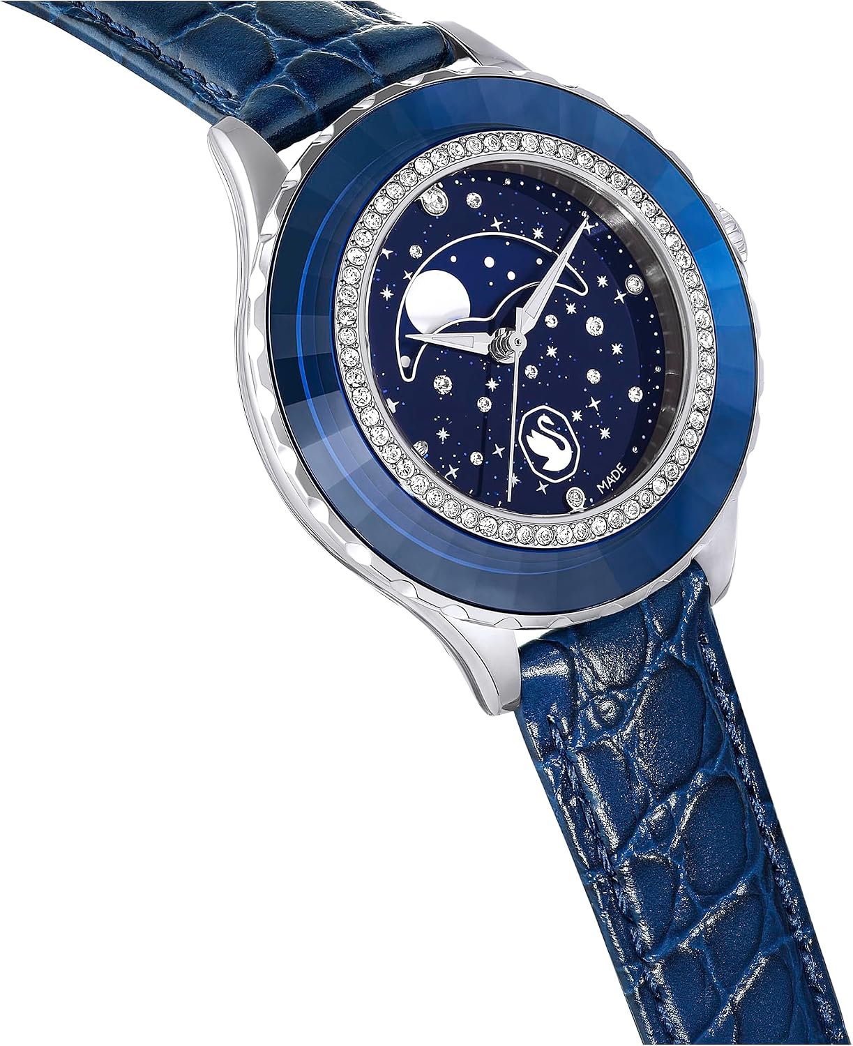 Swarovski Octea Moon Watch, Swiss Made, Moon, Leather Strap, Blue, Stainless Steel