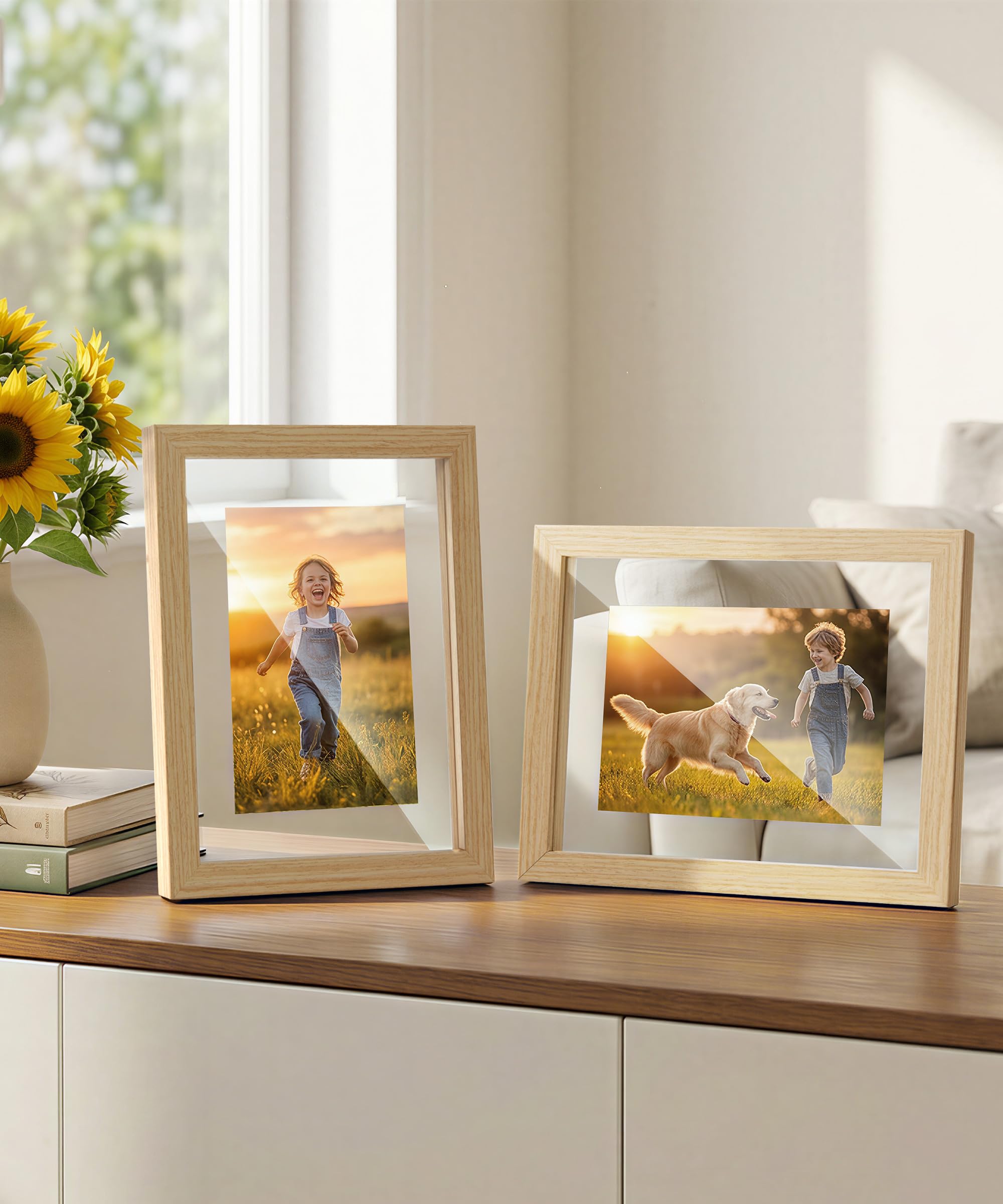 Sonefreiy Pływające ramki na zdjęcia 8 x 10 cm, zestaw 2 sztuk, drewniana ramka na zdjęcia, podwójne szklane ramki na kwiaty, 15 x 18 cm, ekspozycja ścienna i stołowa, prezenty na Dzień Matki, prezent