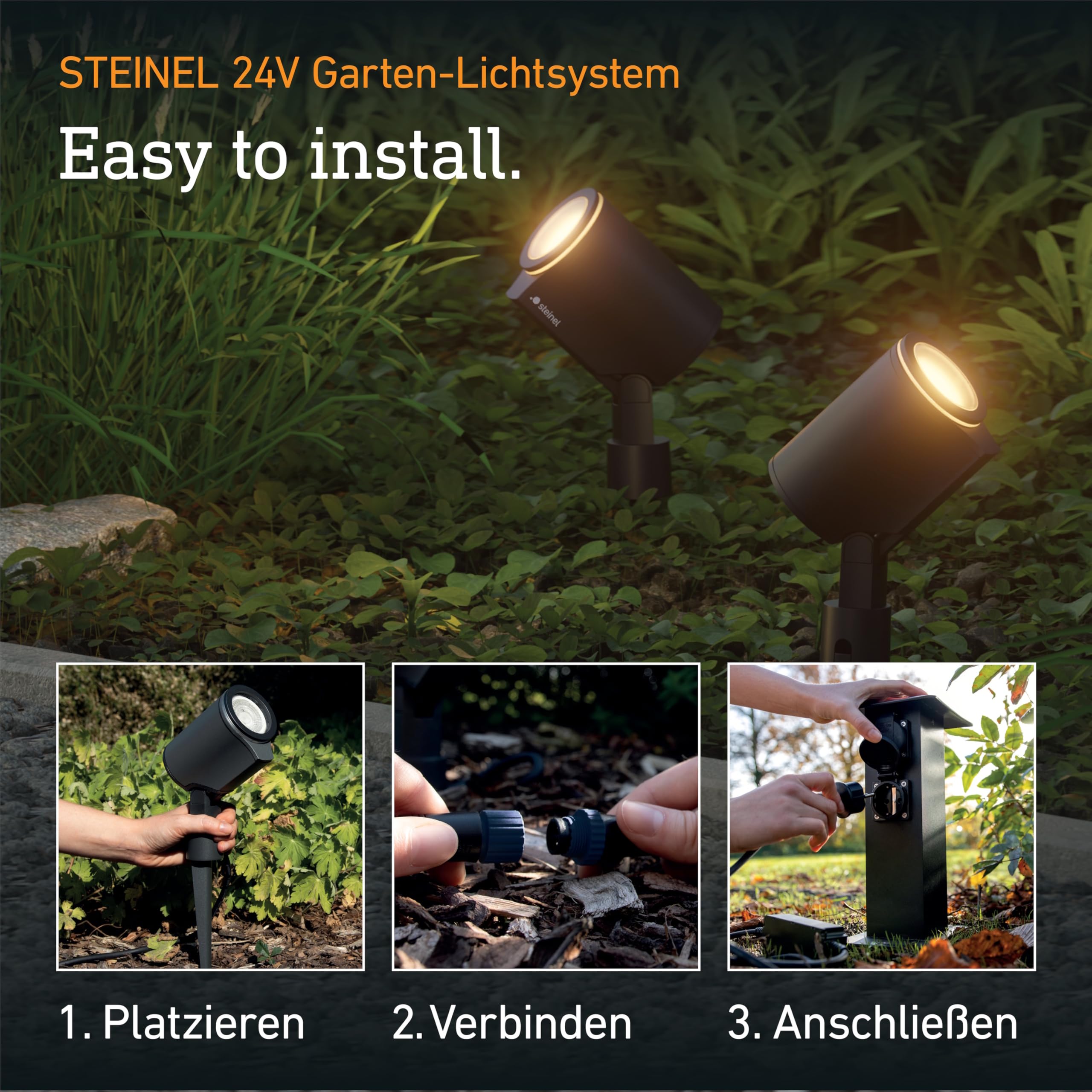 Steinel Spot Garden C 24V Starter-Set, inkl. 2x LED-Gartenstrahler mit Erdspieß und Zubehör, RGBWW, 16 Mio. Farben, App-Steuerung, Plug & Play, IP65, Anthrazit
