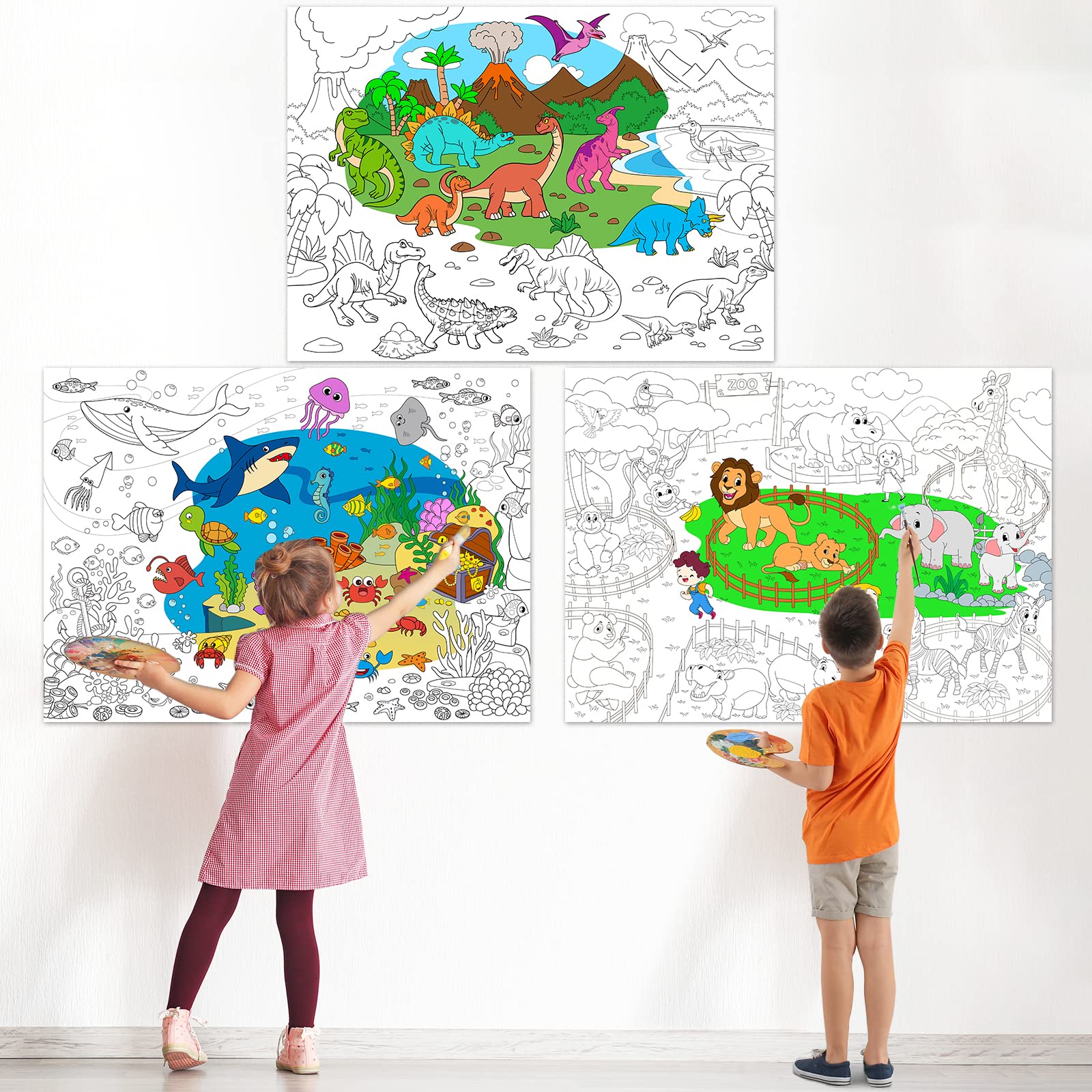 Set of 3 Coloring Posters for Kids Giant Coloring Poster Large Animal Ocean Dinosaur Coloring Tablecloth Jumbo Coloring Books for kids Classroom Home Birthday Party Supplies Favor 31.4 x 43.3 Inch